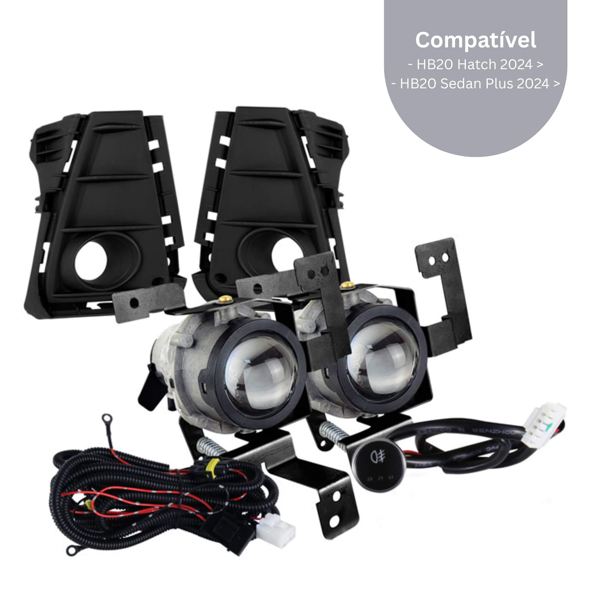 Kit Farol Milha HB20 Hatch/Sedan 2024+ Moldura Preta, Botão Touch Shocklight - SL‑121610U