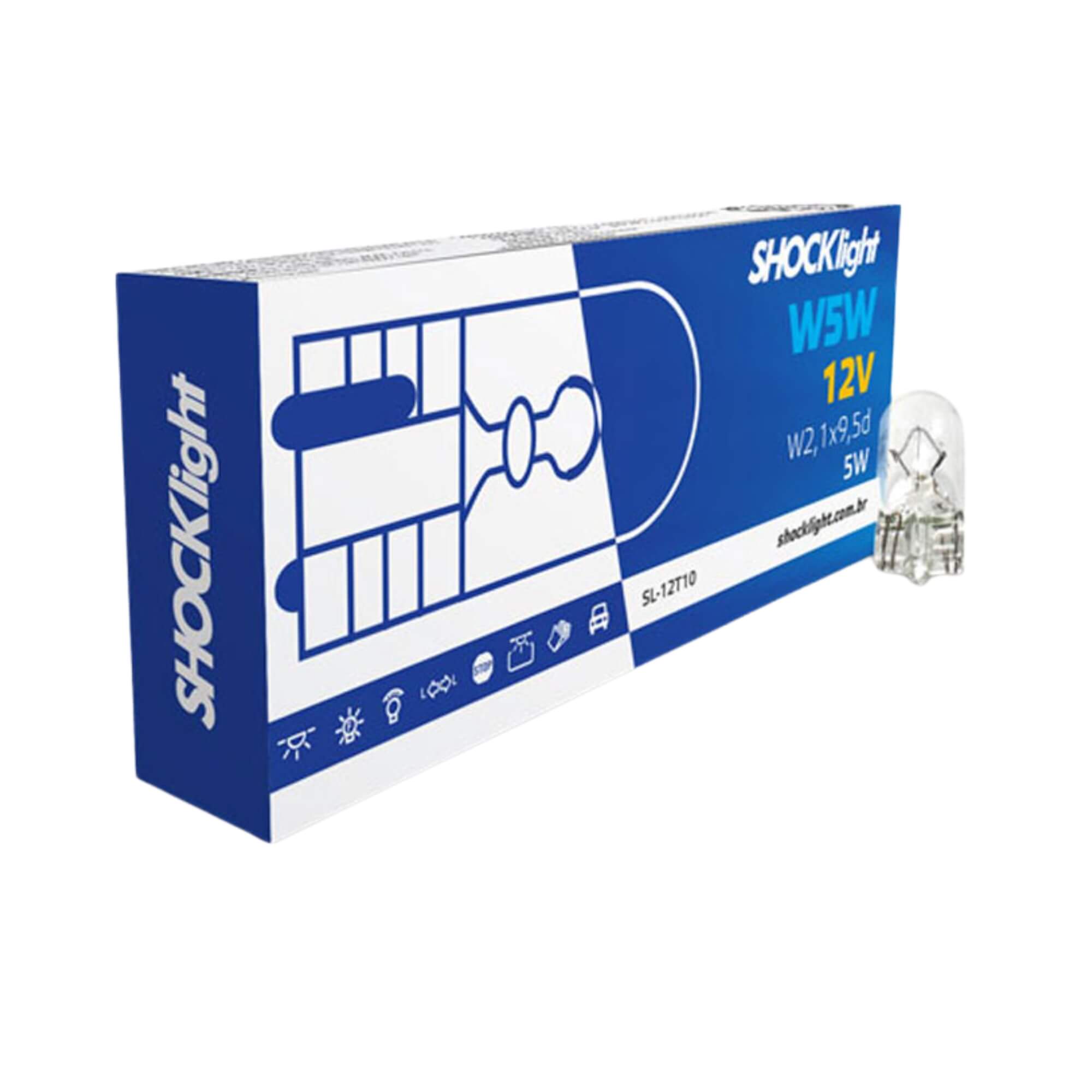 Lâmpada Esmagada Grande T10 12V 5W W2,1 x 9,5D (Caixa com 10 unidades) Shocklight - SL-12T10