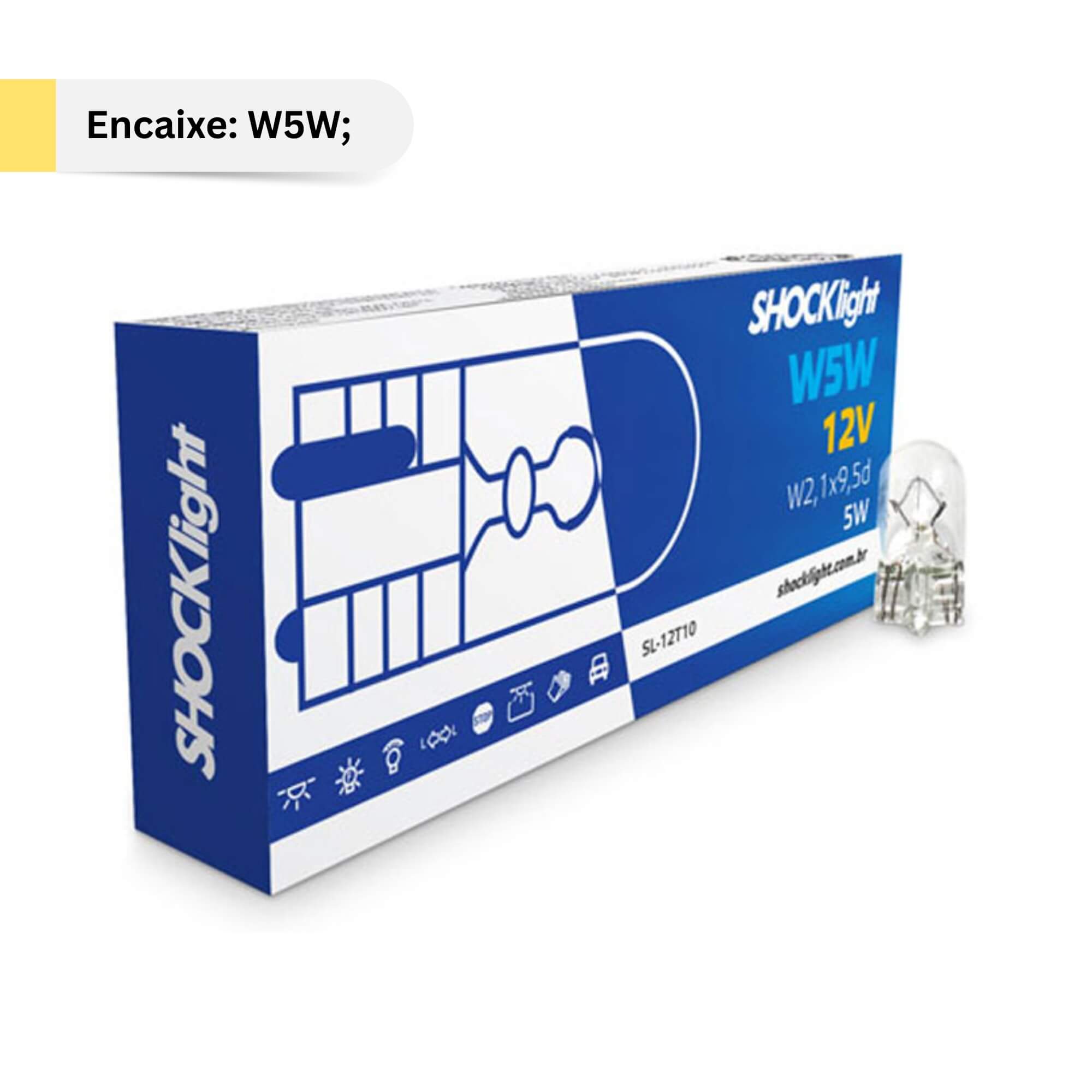 Lâmpada Esmagada Grande T10 12V 5W W2,1 x 9,5D (Caixa com 10 unidades) Shocklight - SL-12T10