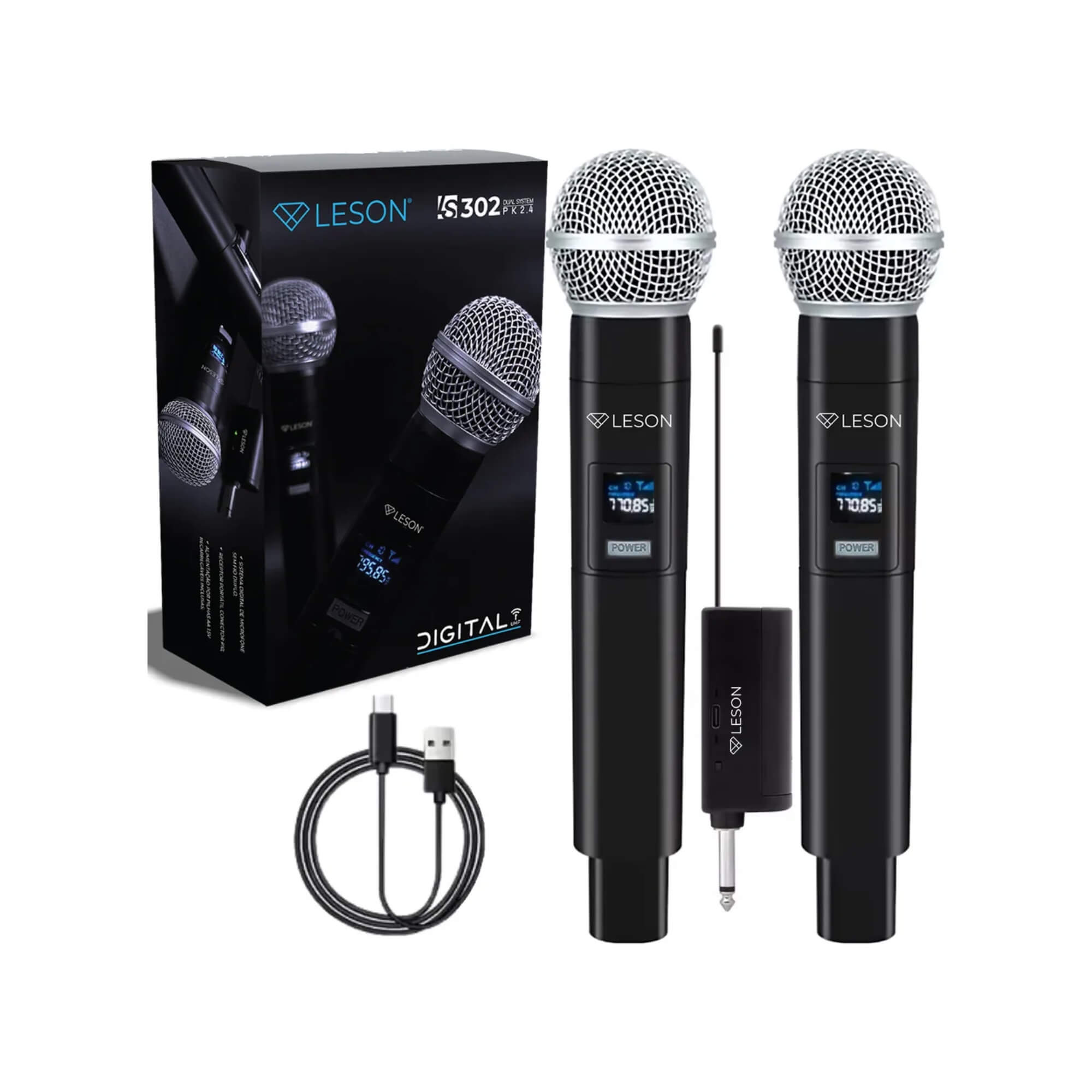 Microfone Duplo Sem Fio de Mão Dinâmico Profissional Karaokê LS302 Leson - 2AM002307