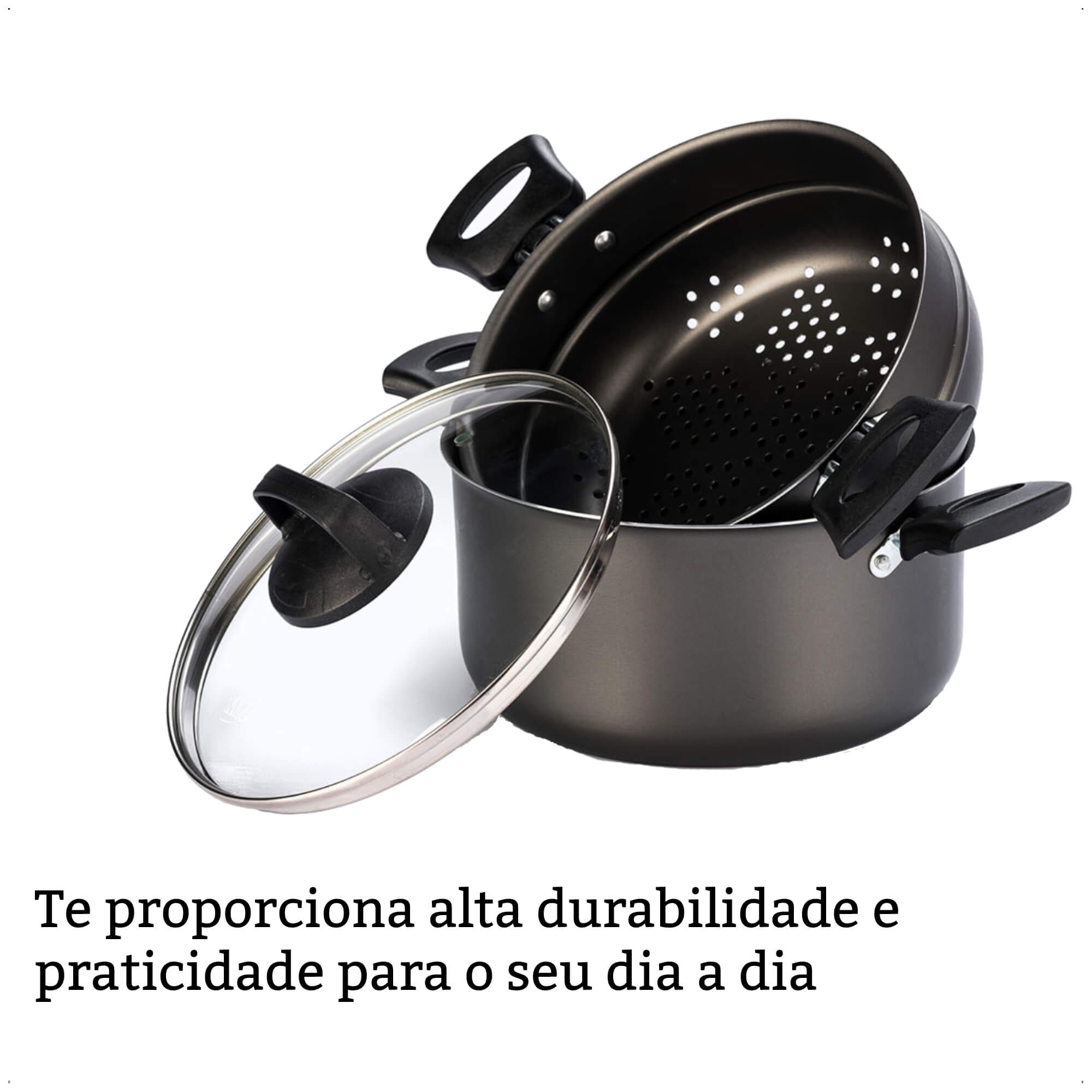 Jogo de Panela Cozimento a Vapor 3L Antiaderente 3x1 Pegadores Antitérmico Cozivapor MTA