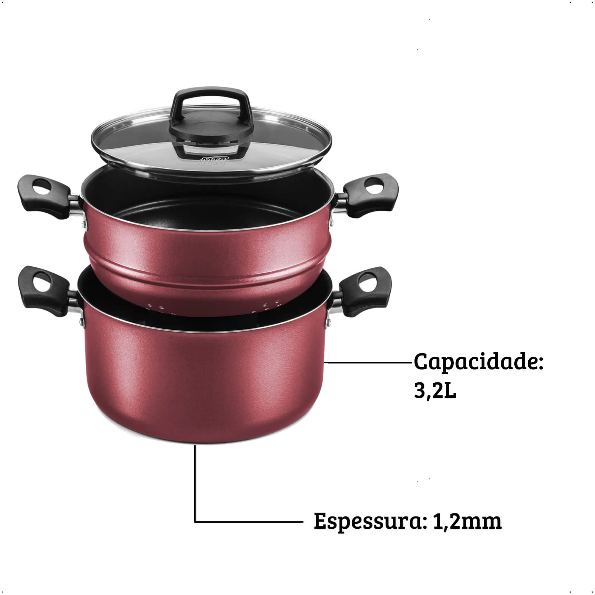 Jogo de Panela Cozimento a Vapor 3L Antiaderente 3x1 Pegadores Antitérmico Cozivapor MTA cor:cereja