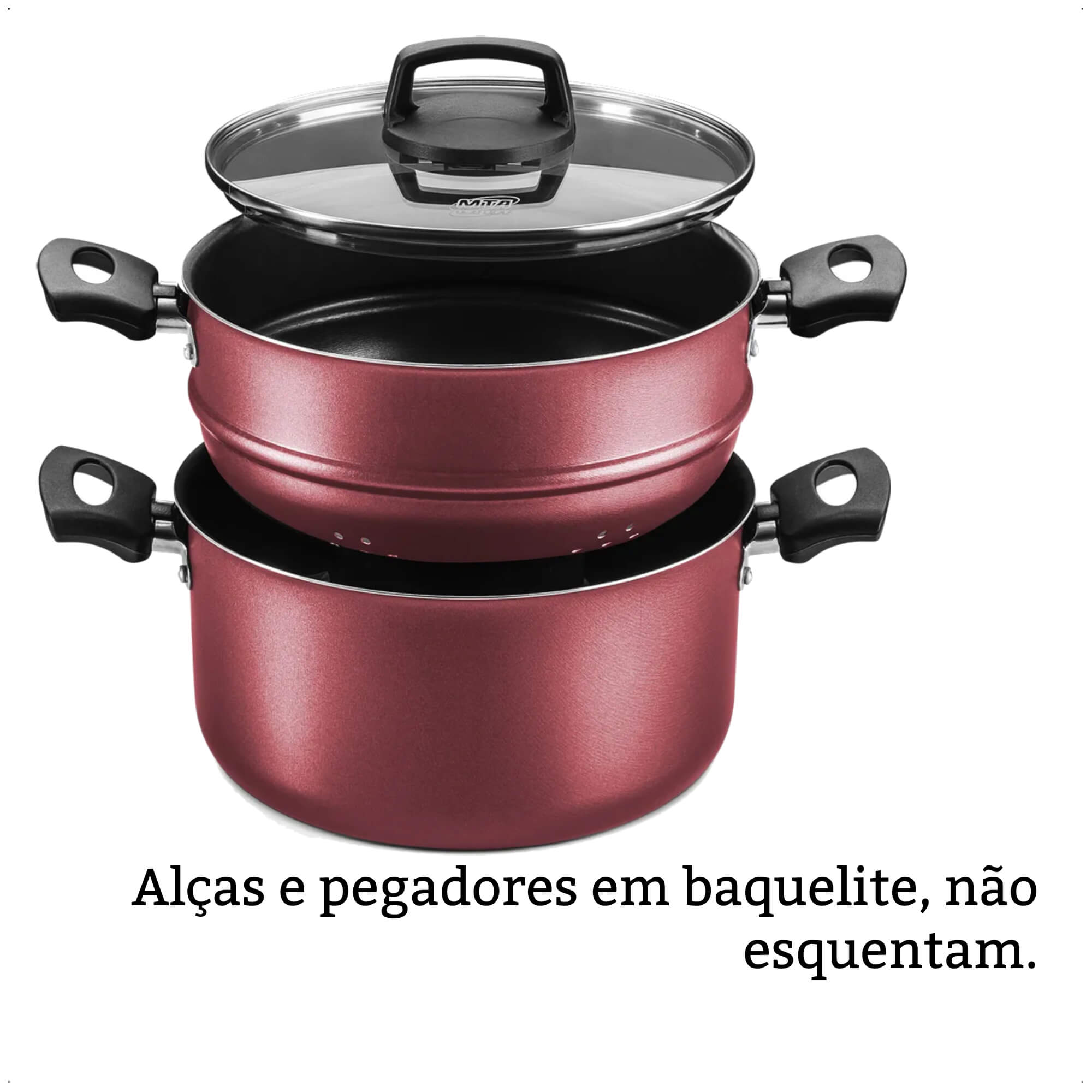 Jogo de Panela Cozimento a Vapor 3L Antiaderente 3x1 Pegadores Antitérmico Cozivapor MTA cor:cereja