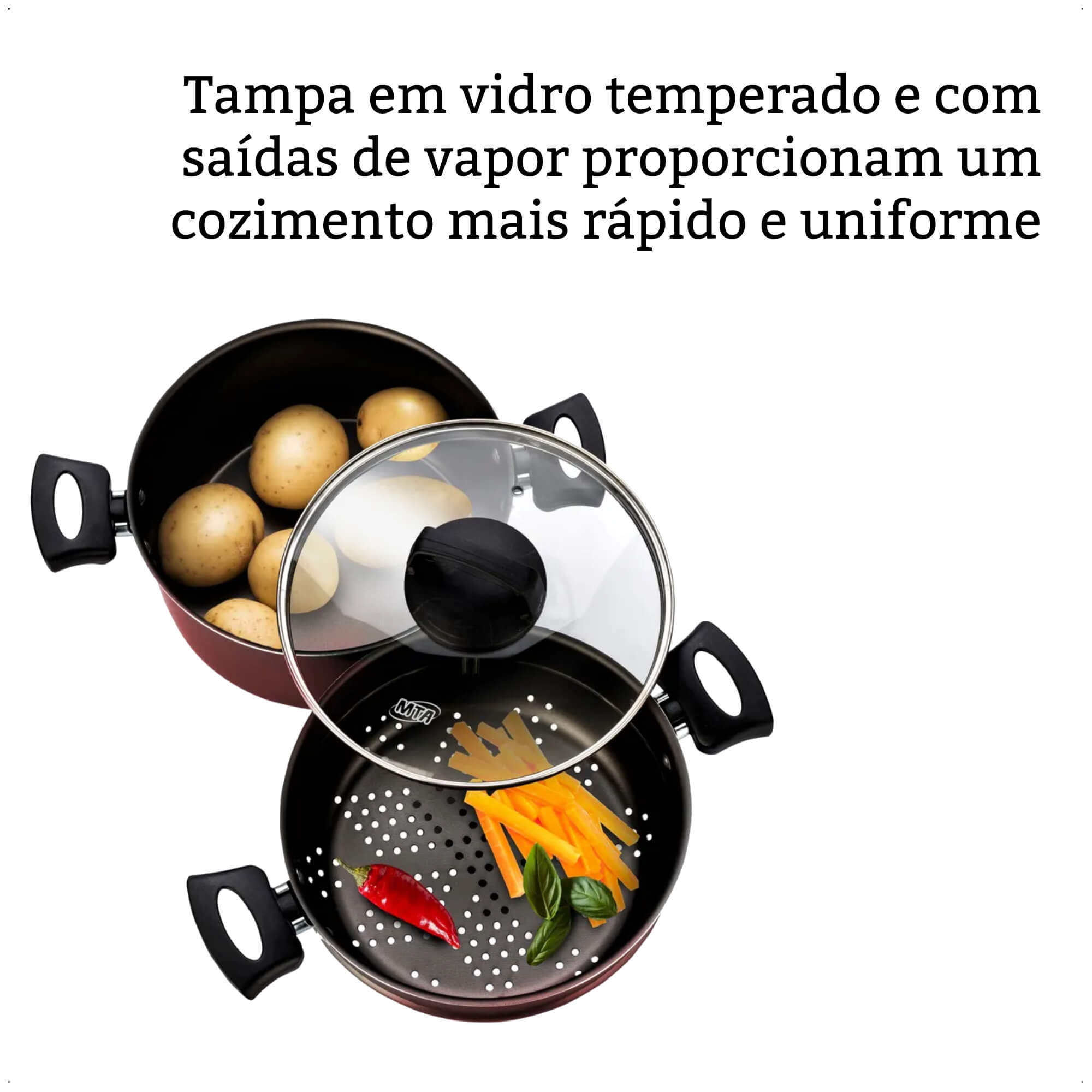 Jogo de Panela Cozimento a Vapor 3L Antiaderente 3x1 Pegadores Antitérmico Cozivapor MTA cor:cereja
