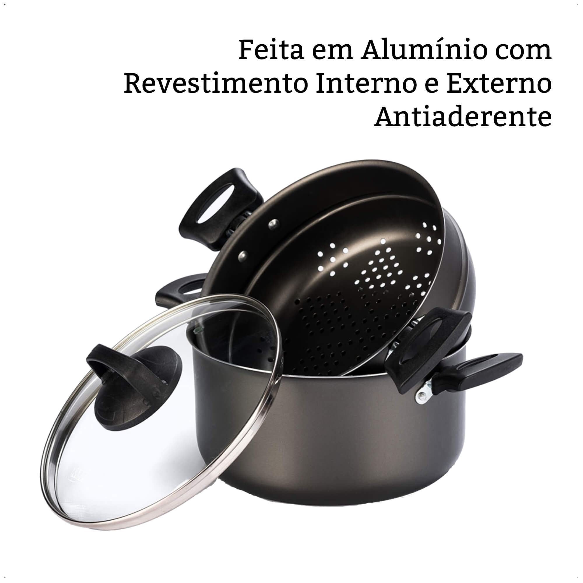 Jogo de Panela Cozimento a Vapor 3L Antiaderente 3x1 Pegadores Antitérmico Cozivapor MTA cor:grafite