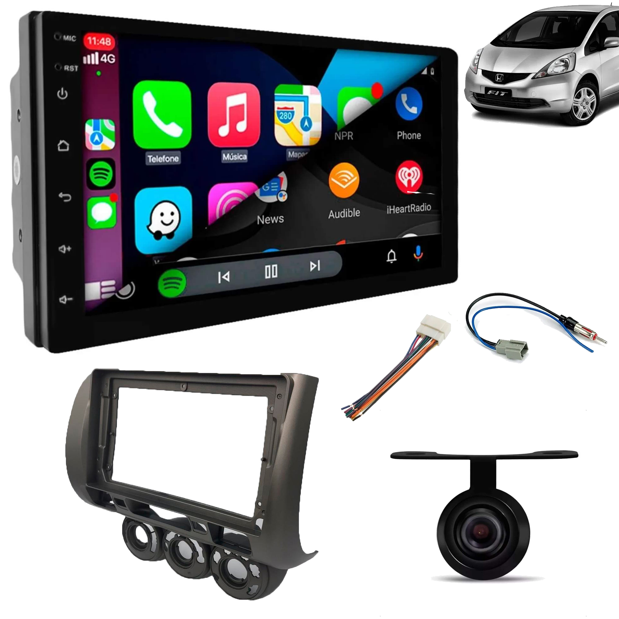 COMP Multimidia Slim 7" Pol QLED  Android 4+64GB Honda Fit 2006 a 2008 câmera de re´+ Chicotes + Moldura