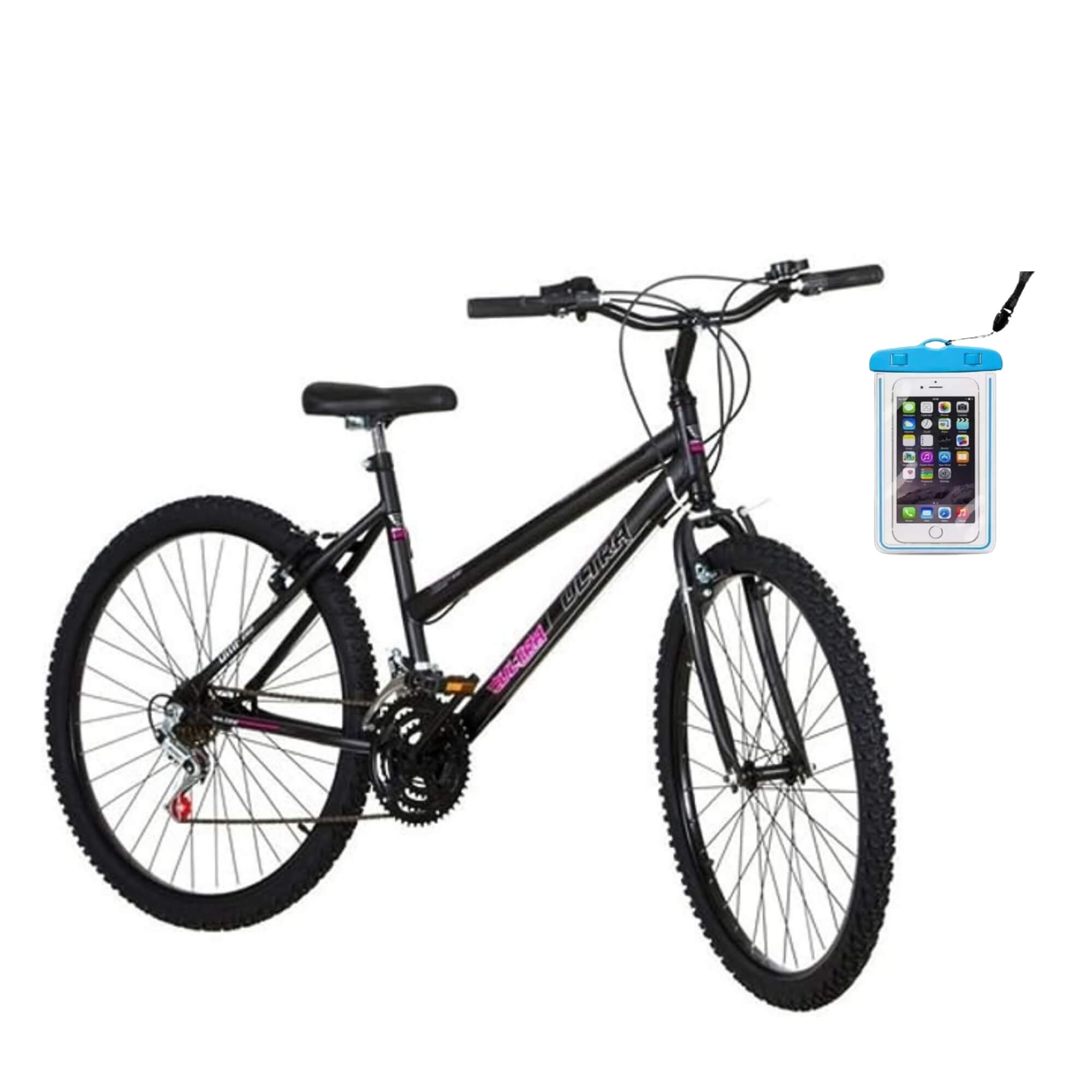 COMP Bicicleta Ultra Bikes Aro 26" Quadro Aço Carbono Preto + Capa p/ Celular Impermeável