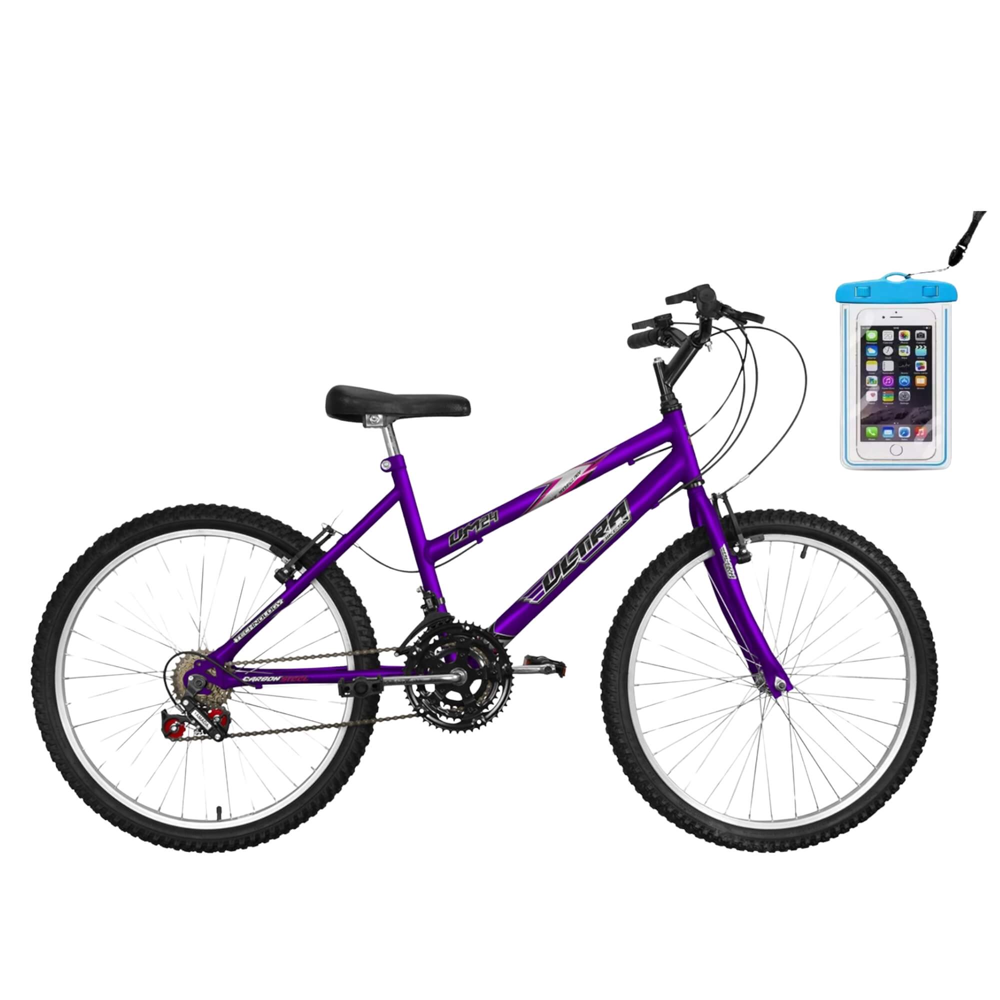 COMP Bicicleta Ultra Bikes Feminina Aro 24" Lilás 18 Marchas + Capa Impermeável para Celular