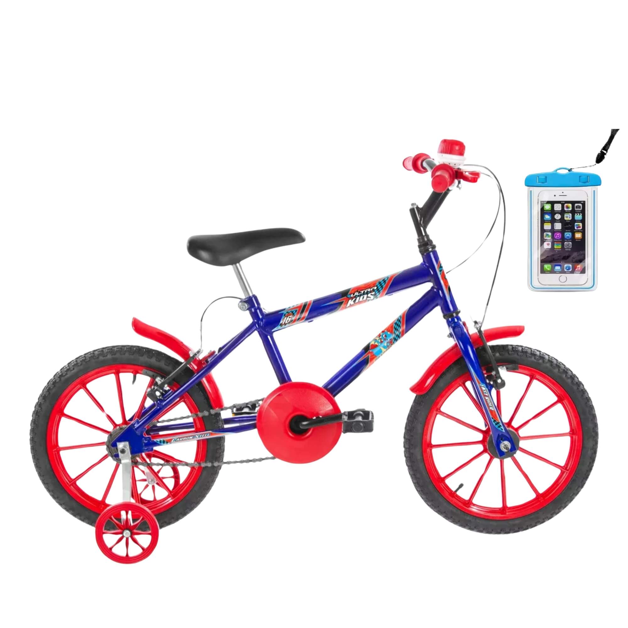 COMP Bicicleta Infantil Ultra Bikes Aro 16" Azul/Vermelho + Capa Impermeável para Celular