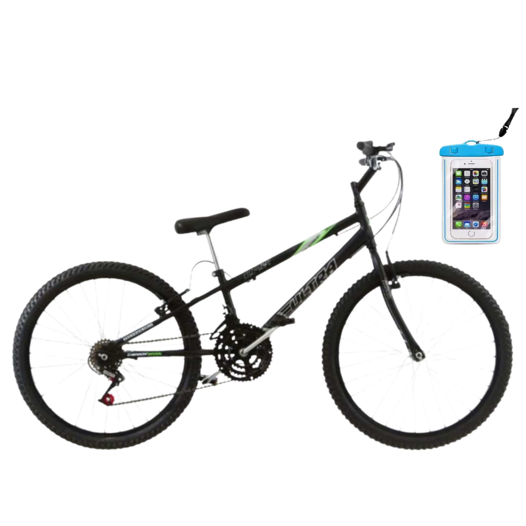 COMP Bicicleta Ultra Bikes Aro 24" Preta Fosca 18 Marchas + Capa Impermeável para Celular