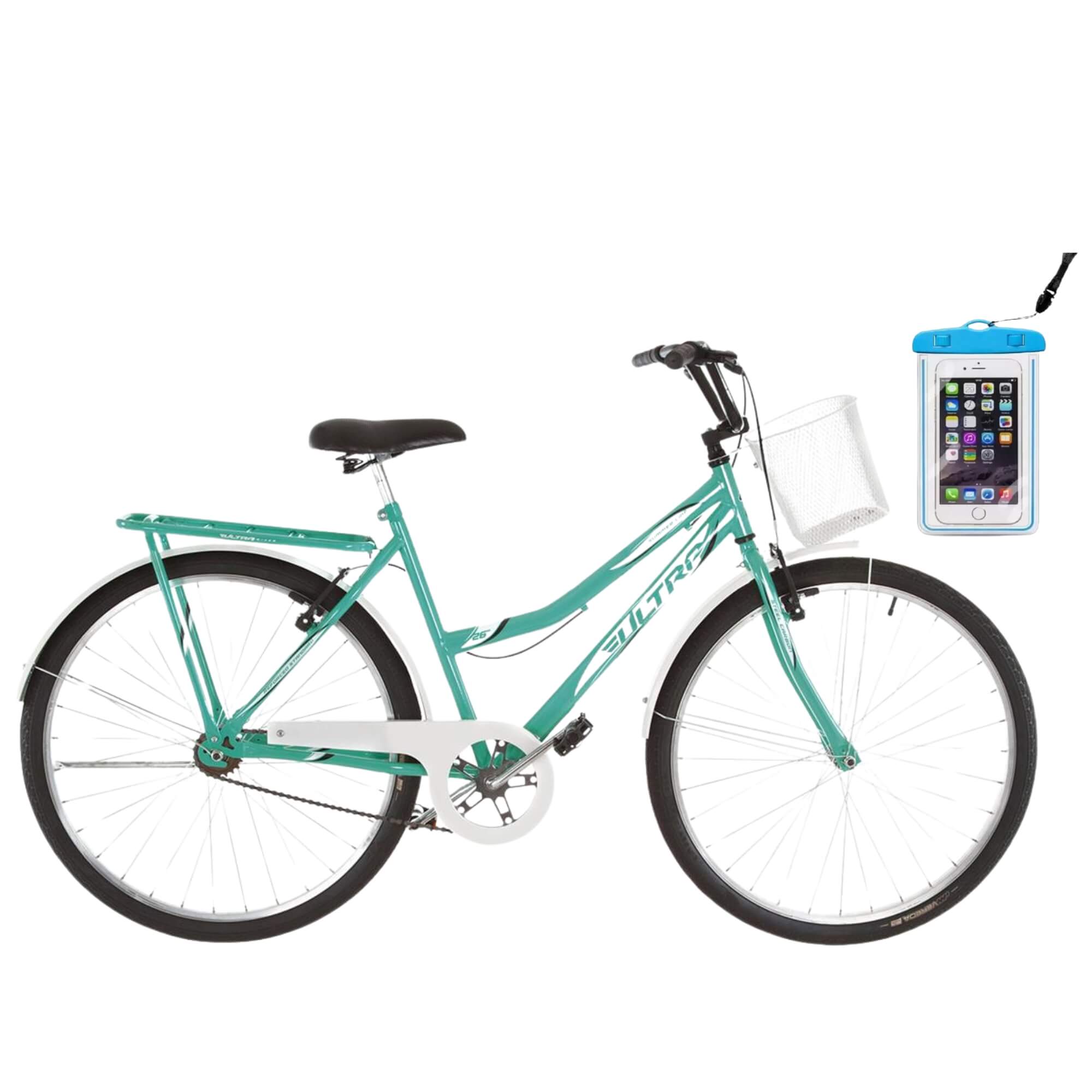 COMP Bicicleta Retrô Ultra Bikes Summer Vintage Verde Aro 26" + Capa Impermeável para Celular