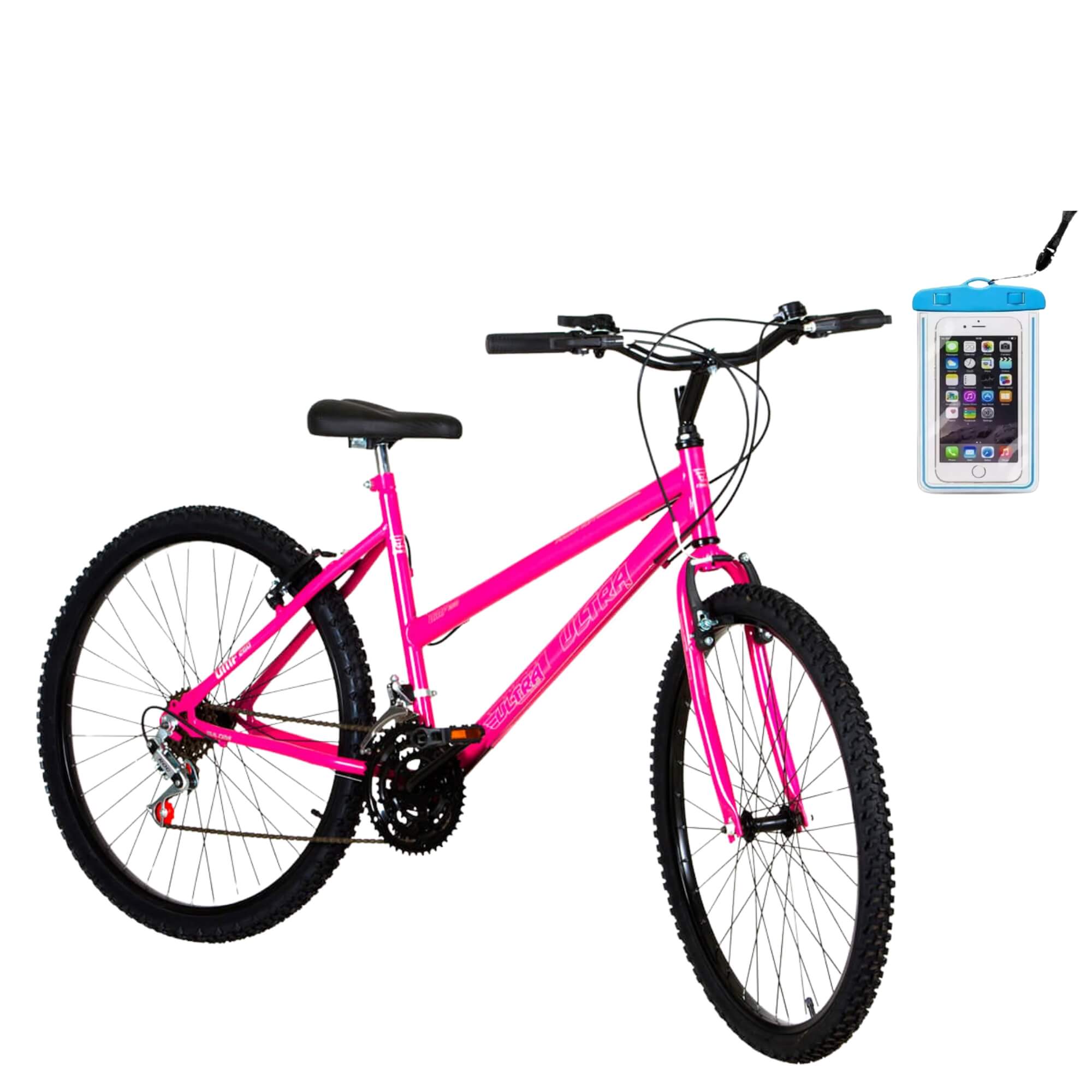 COMP Bicicleta Feminina Ultra Bikes Aro 26" Rosa 18 Marchas + Capa Impermeável para Celular