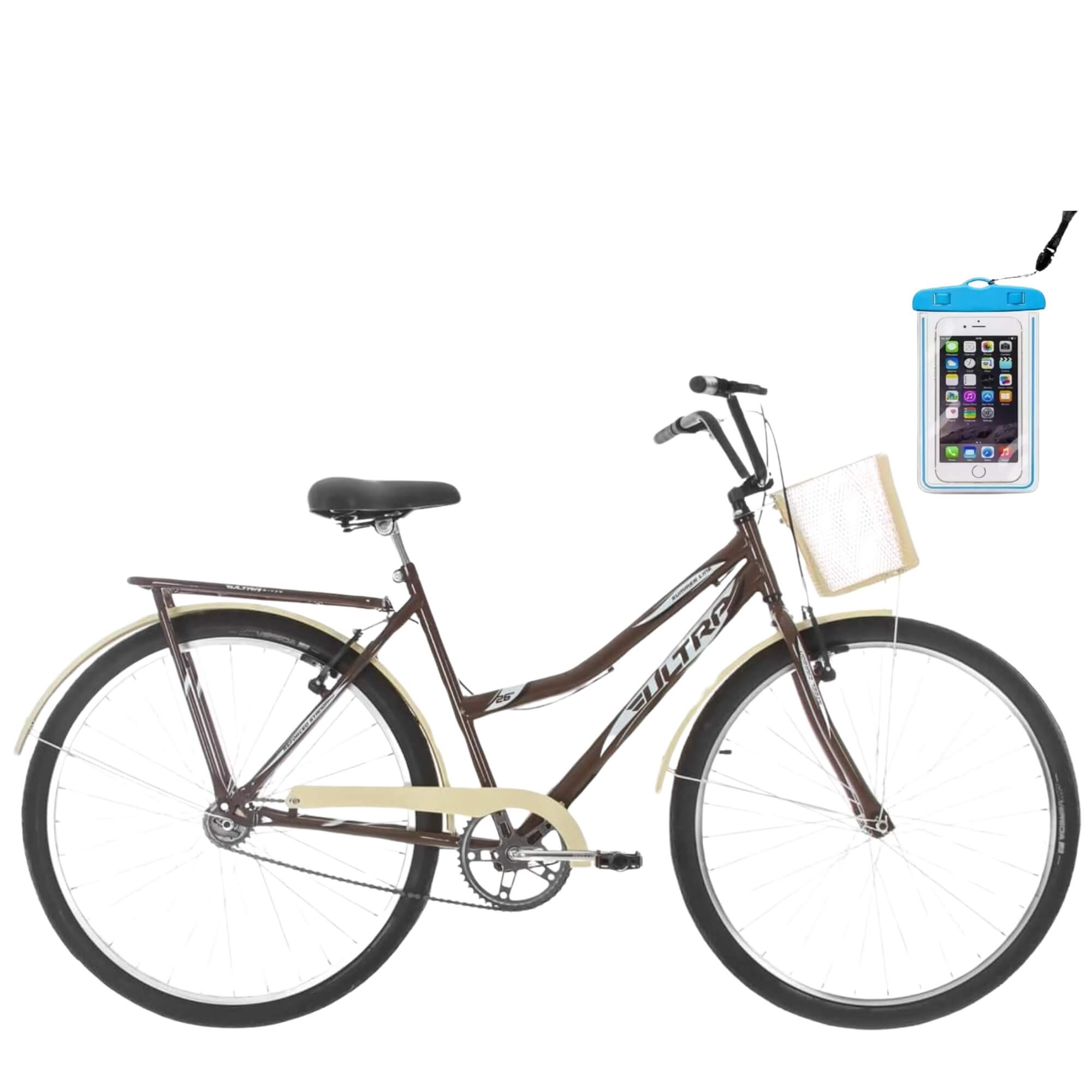 COMP Bicicleta Retrô Ultra Bikes Summer Vintage Aro 26" Marrom + Capa Impermeável para Celular