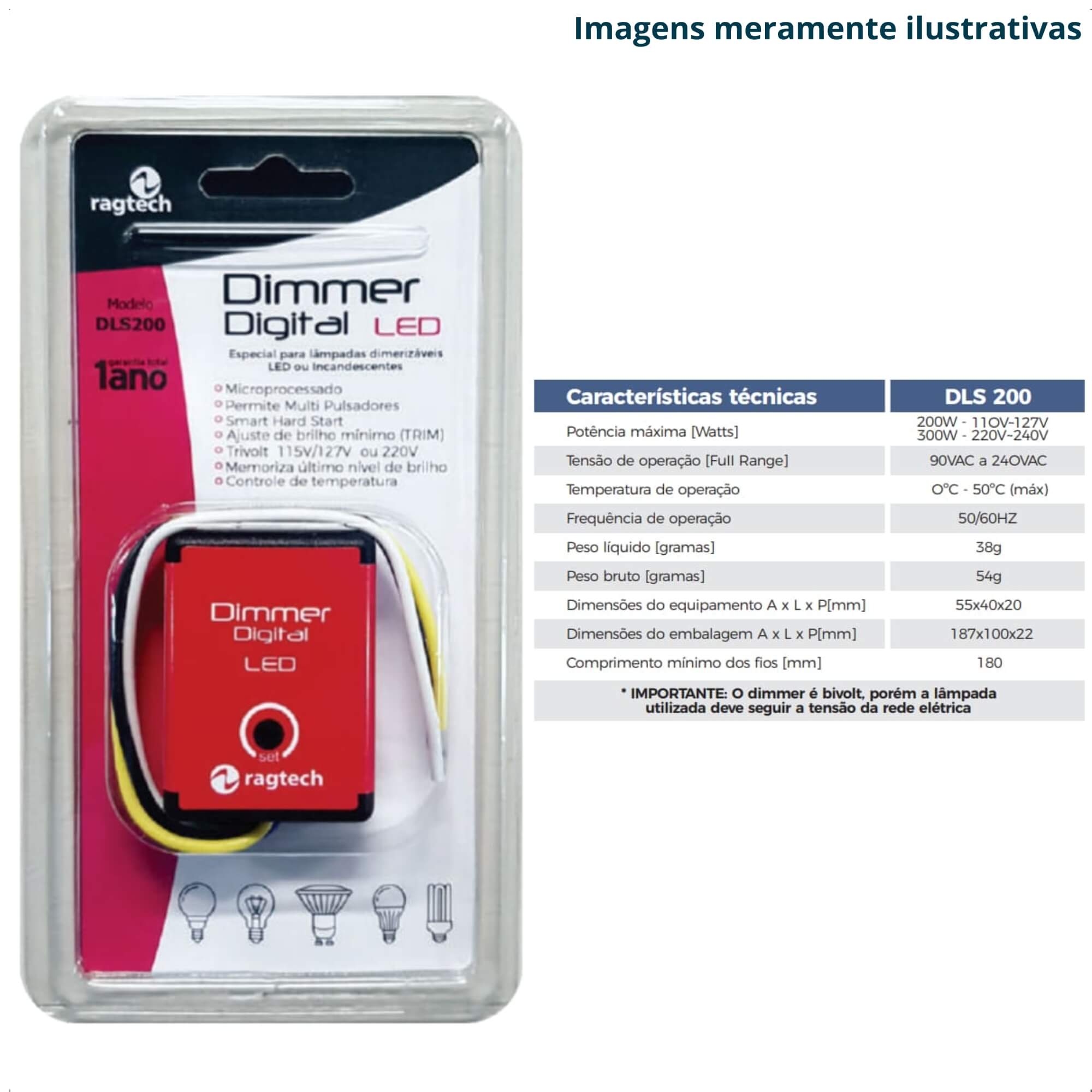 COMP Kit c/ 10 Dimmer Digital Bivolt Regulagem Intensidade Luminosa Led DLS200 - Ragtech 20DIM4440
