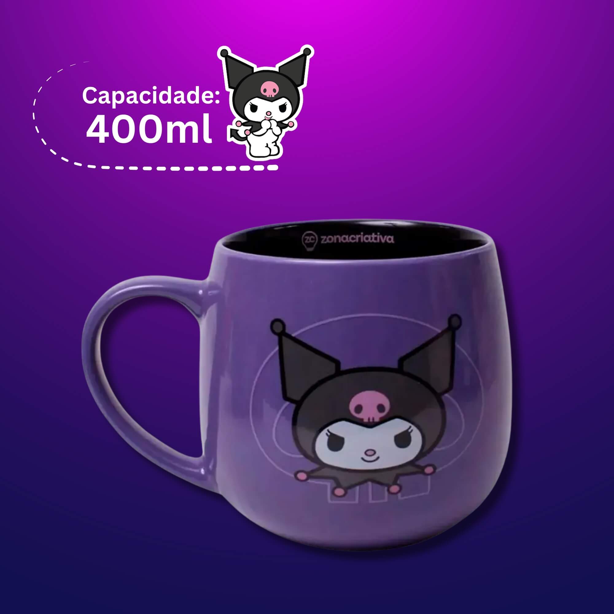 Caneca Maggie 400ml em Cerâmica Kuromi Coração Zona Criativa - 10026423