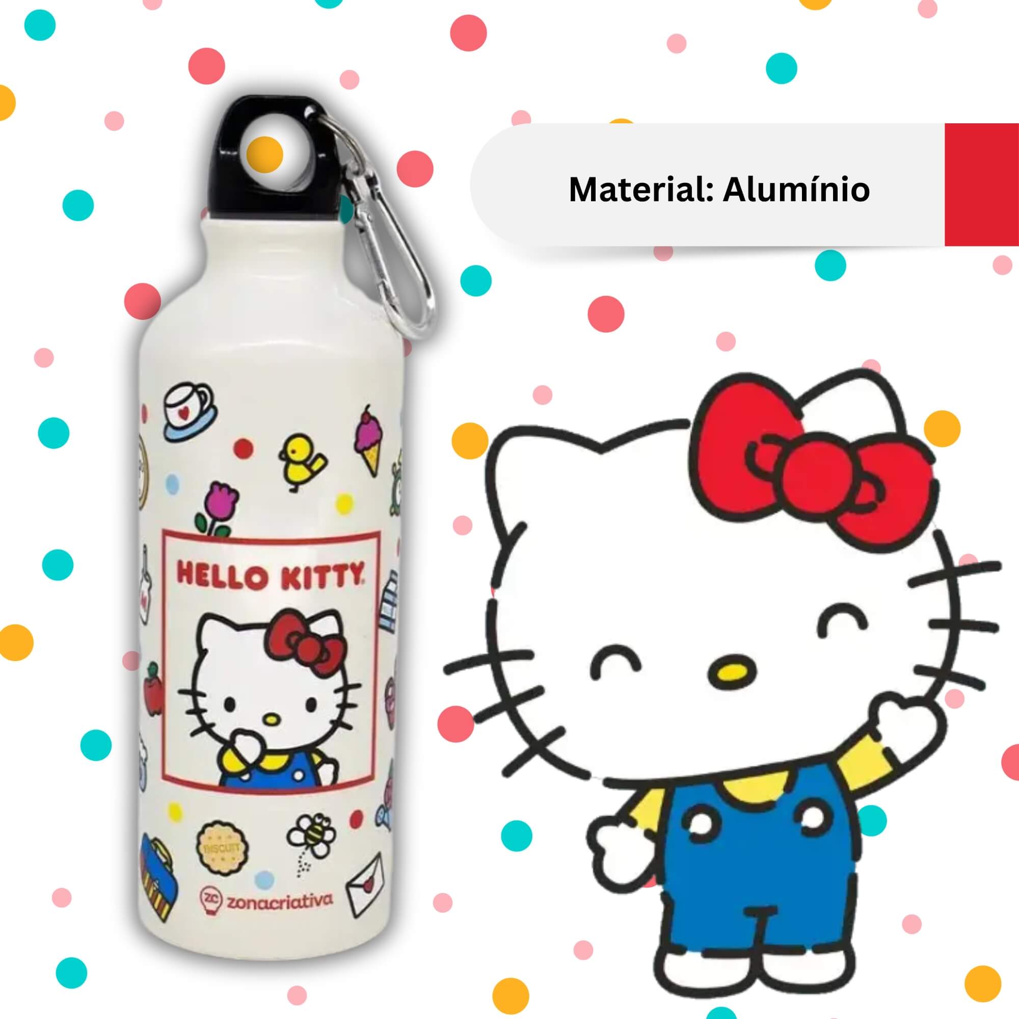 Garrafa de Alumínio 500ml c/ Mosquetão Hello Kitty Zona Criativa - 10073073
