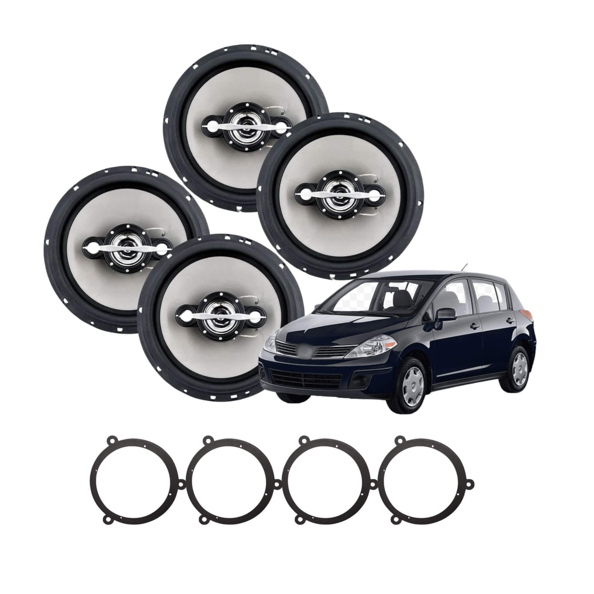 COMP Kit Tiida Alto Falantes Automotivo 6" Quadriaxial 70W RMS Cada + Aros Adaptadores