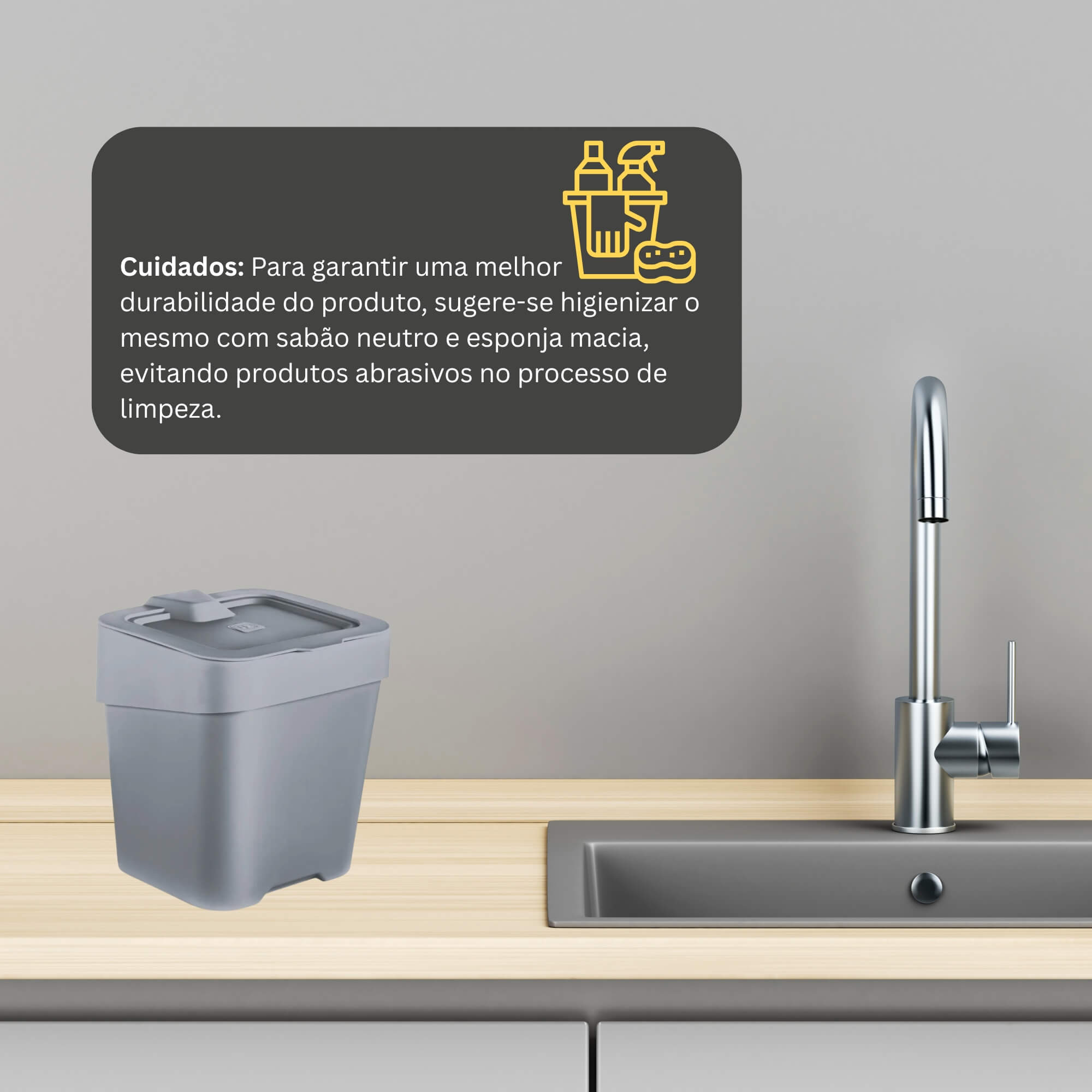 Lixeira de Pia Slim 2,5 Litros Cinza Titânio UZ Utilidades - UZ420-CIN