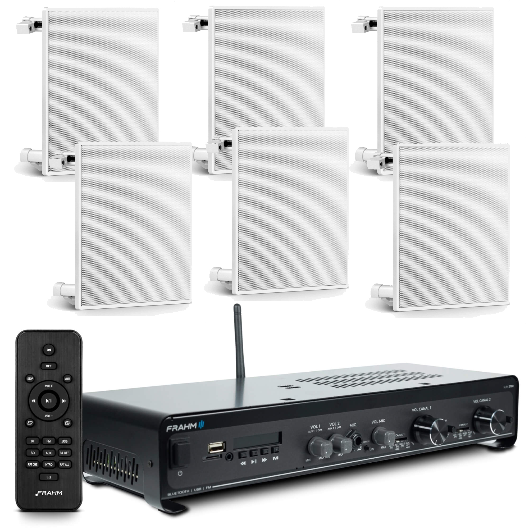 COMP Kit Som Ambiente Slim 2700 Teto Gesso Embutir Frahm + 6 Arandelas Brancas