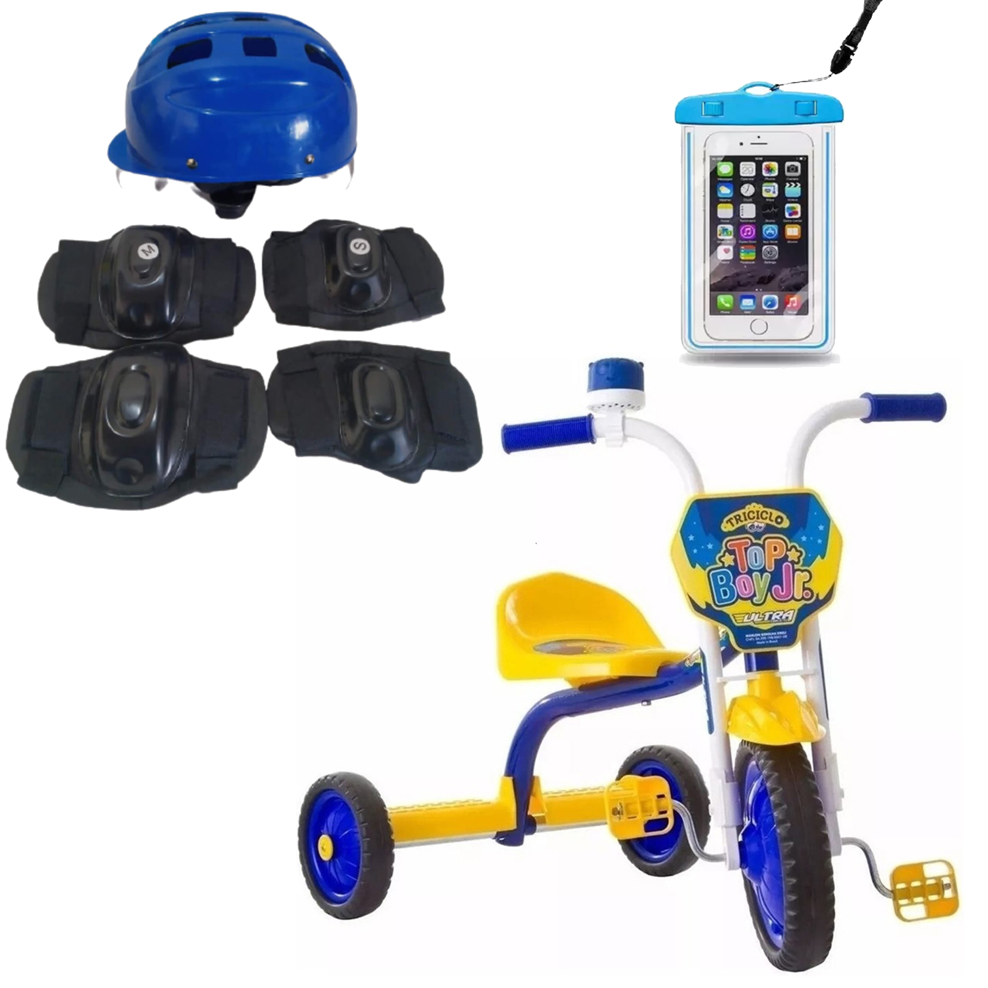 COMP Kit Triciclo Infantil Ultra Bikes Top Boy Junior + Kit Proteçao Infantil + Brinde capa celular