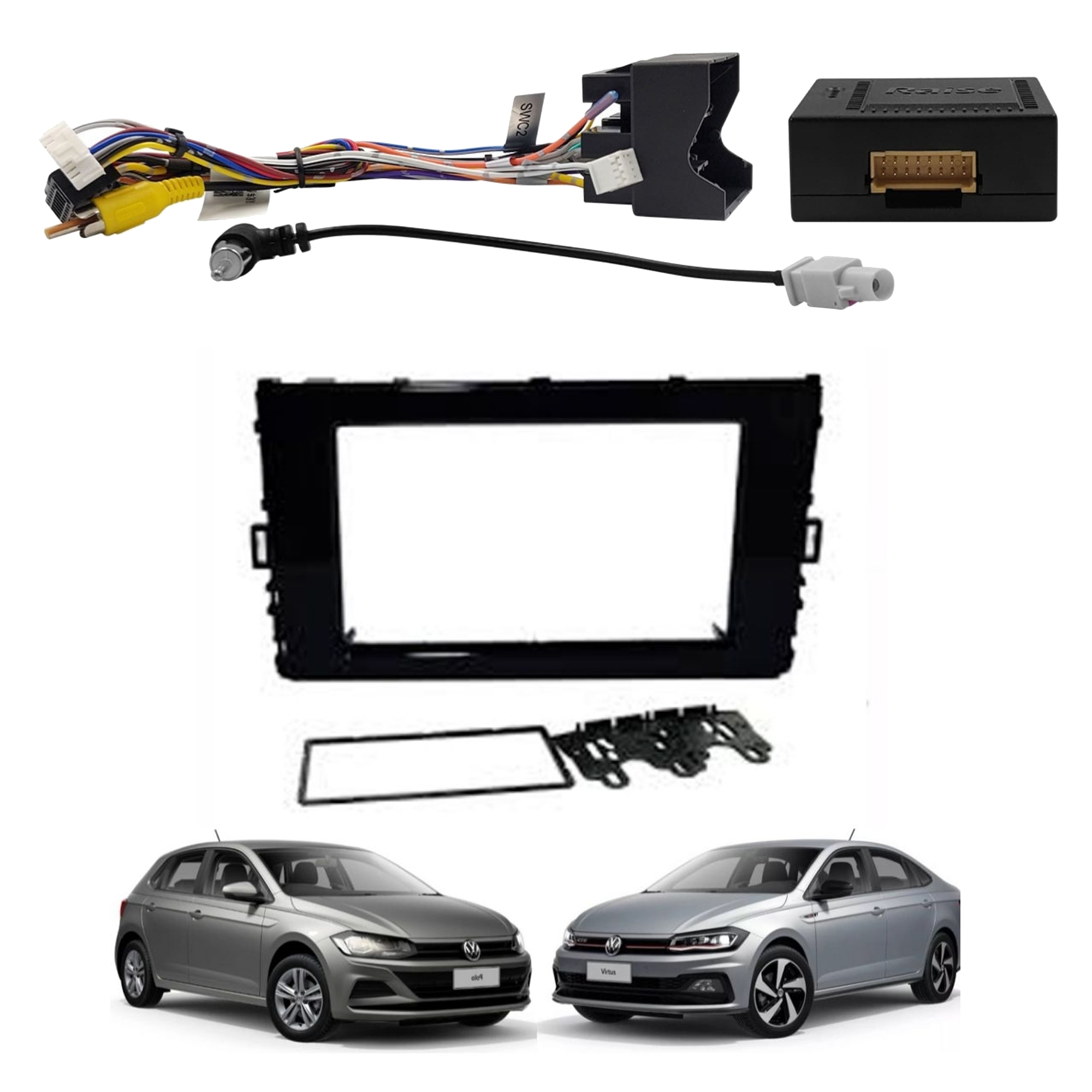 COMP Kit Moldura 1 e 2 Din Volkswagen Polo  Virtus e T-Cross + Canbus para sistemas Android