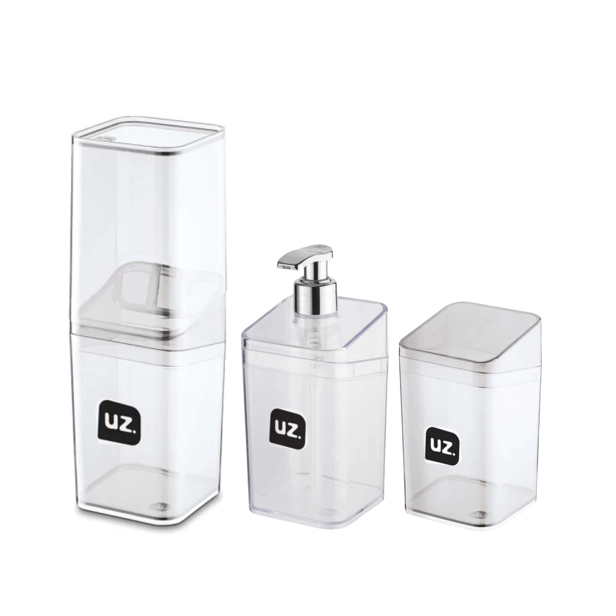COMP Porta Algodão + Porta Sabonete Líquido + Porta Escova c/ Tampa Slim Transparente UZ Utilidades