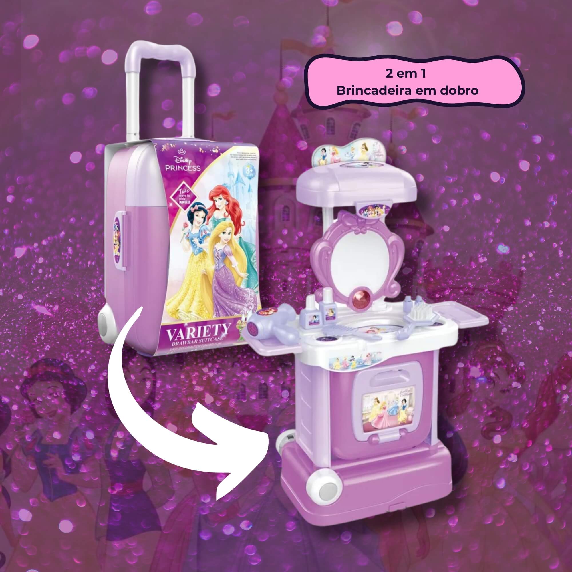 Brinquedo Mala de Viagem e Penteadeira 2 em 1 Princesas Disney Brinquedo Multikids - BR2192
