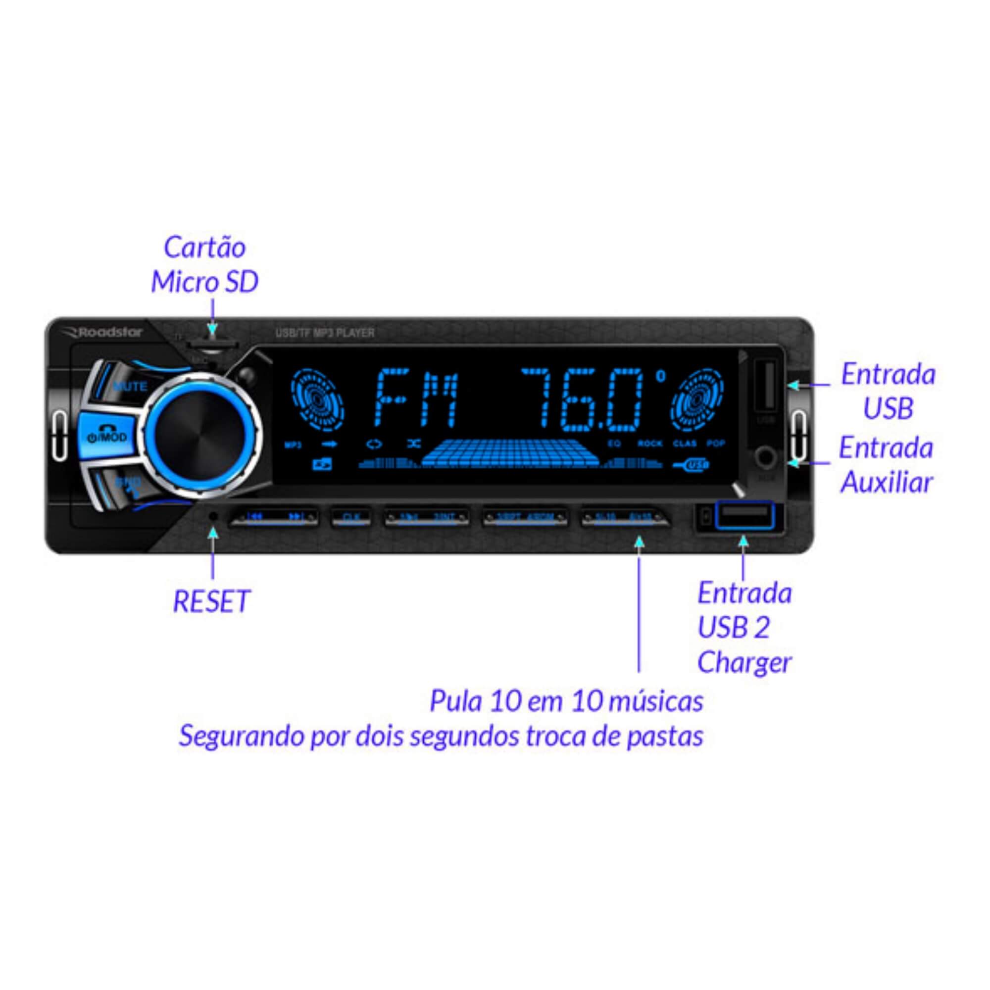 Auto Rádio FM RS-2751BR Plus Entradas Micro SD, Auxiliar e 2 USB´s Roadstar - RS2751BRMI