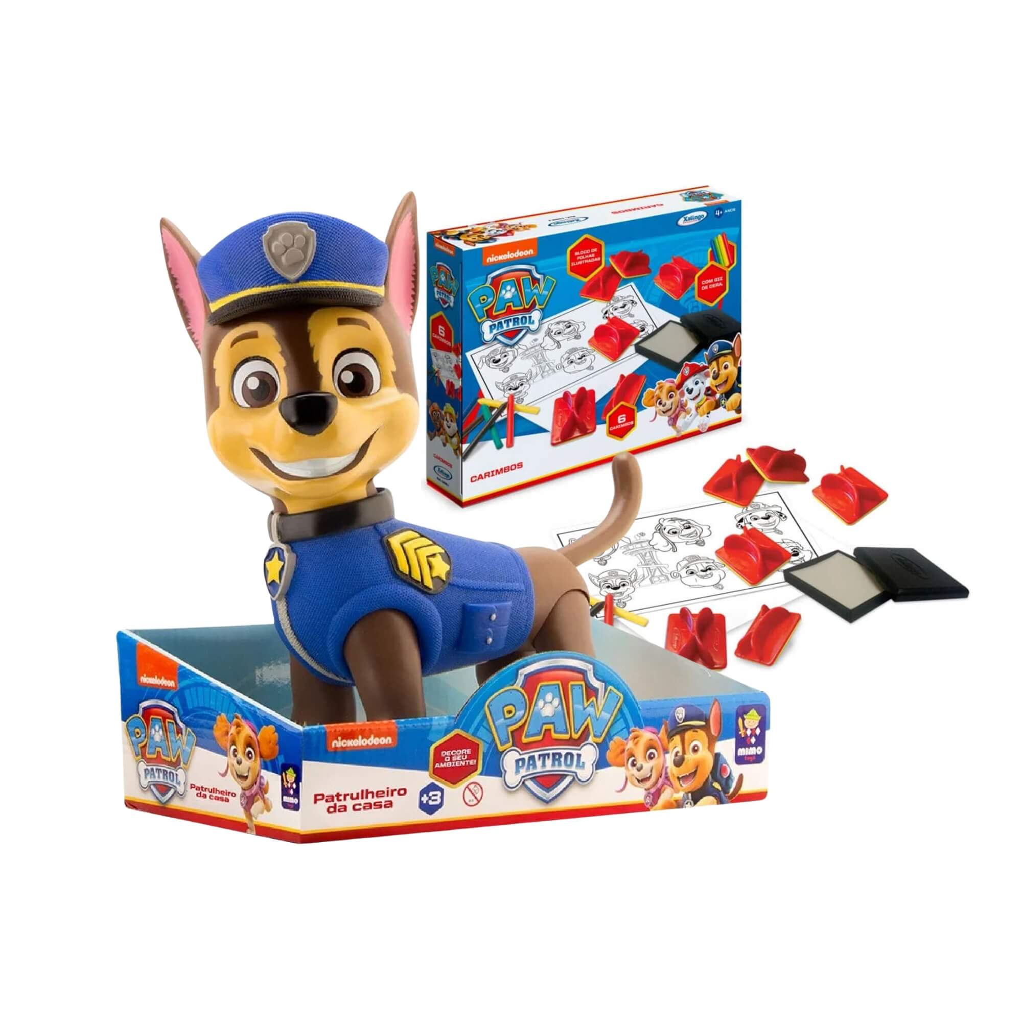 COMP Boneco Chase Gigante + Carimbos Patrulha Canina com Giz de Cera Xalingo Mimo Toys
