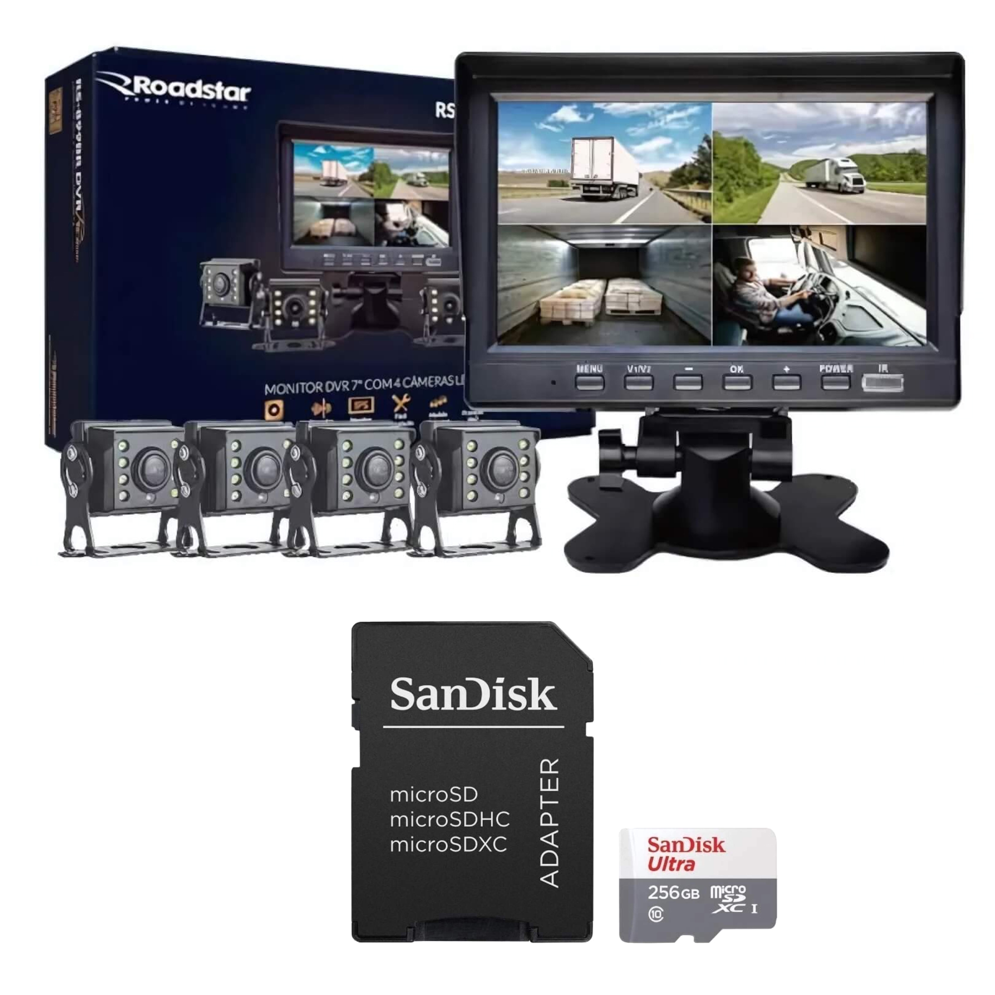 COMP Kit Monitor DVR Pro Line 7" com 4 Câmeras I.R. Roadstar + Cartão Micro SD 256GB - RS899BR MI