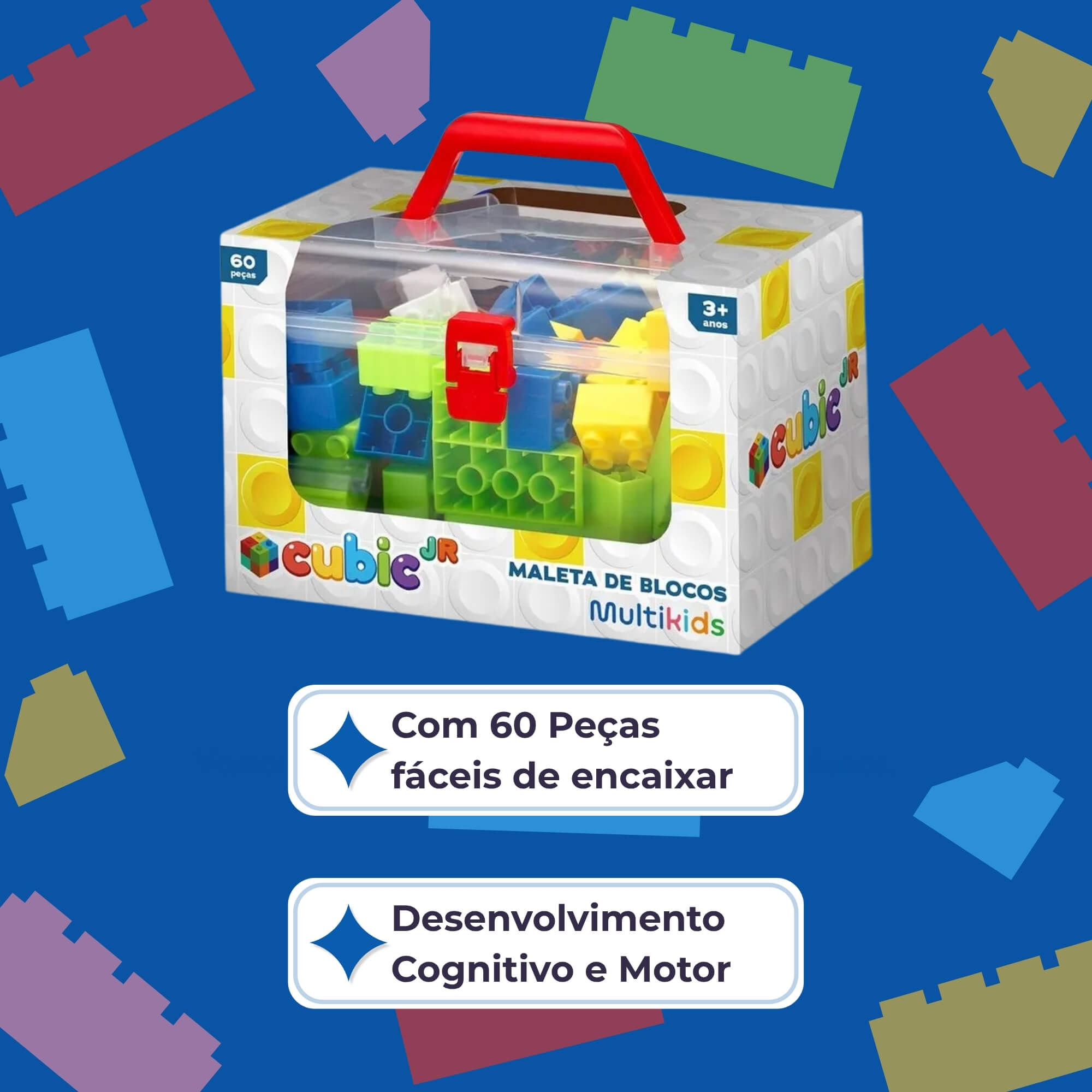 Maleta com Blocos Coloridos 60 Peças Cubic JR Multikids - BR2347