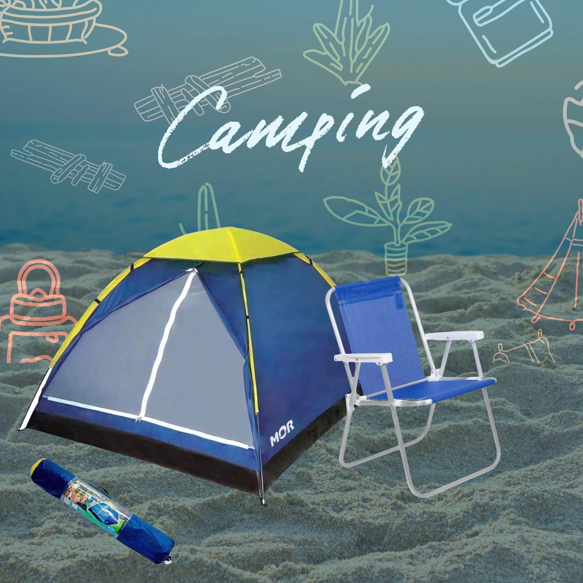 COMP Barraca Camping + Cadeira de Praia Acampamento Iglu Grande até 4 Pessoas MOR - BEL