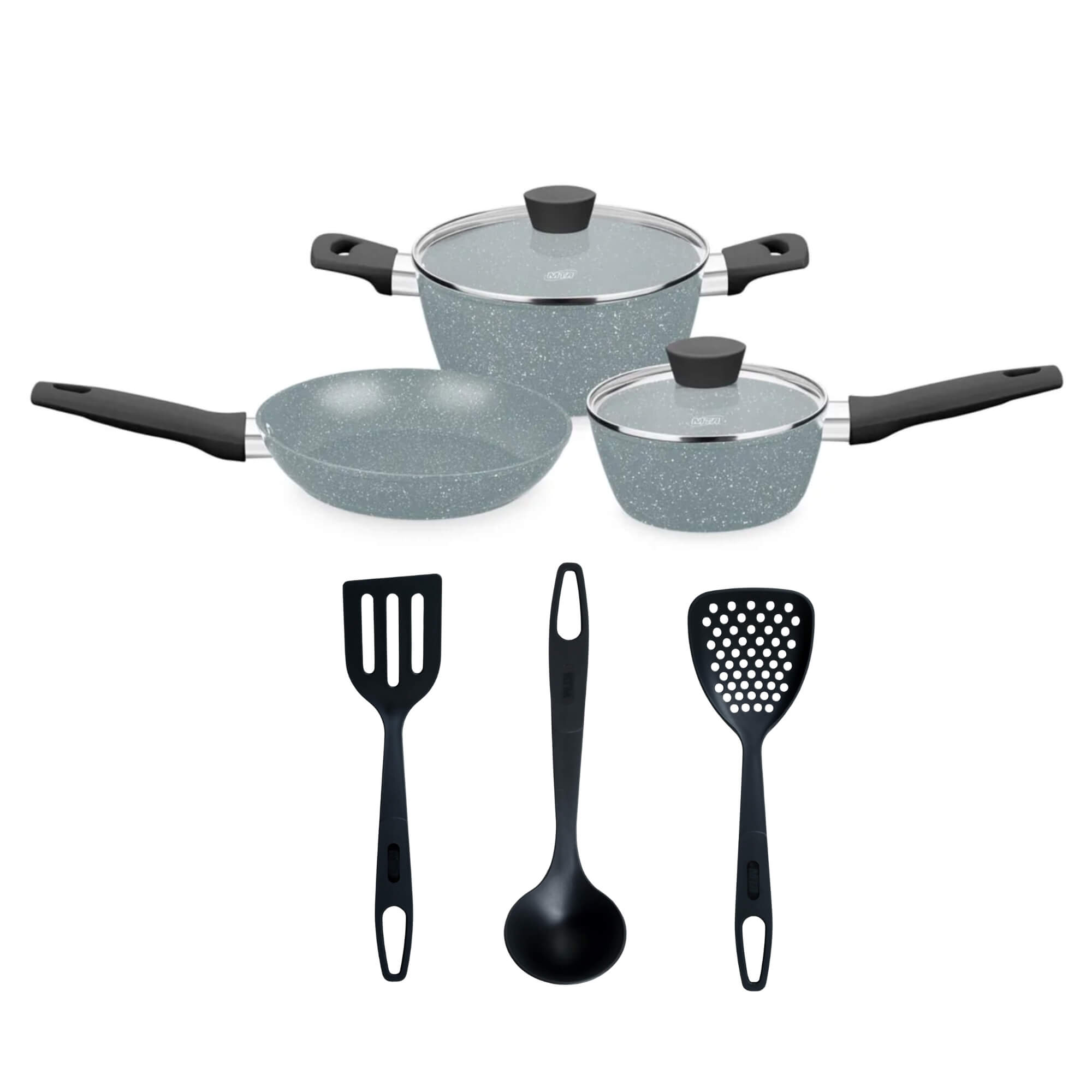 COMP Kit Jogo de Panelas Carmela Ceramic Flon Cinza + Espátula Escumadeira Concha Nylon - MTA