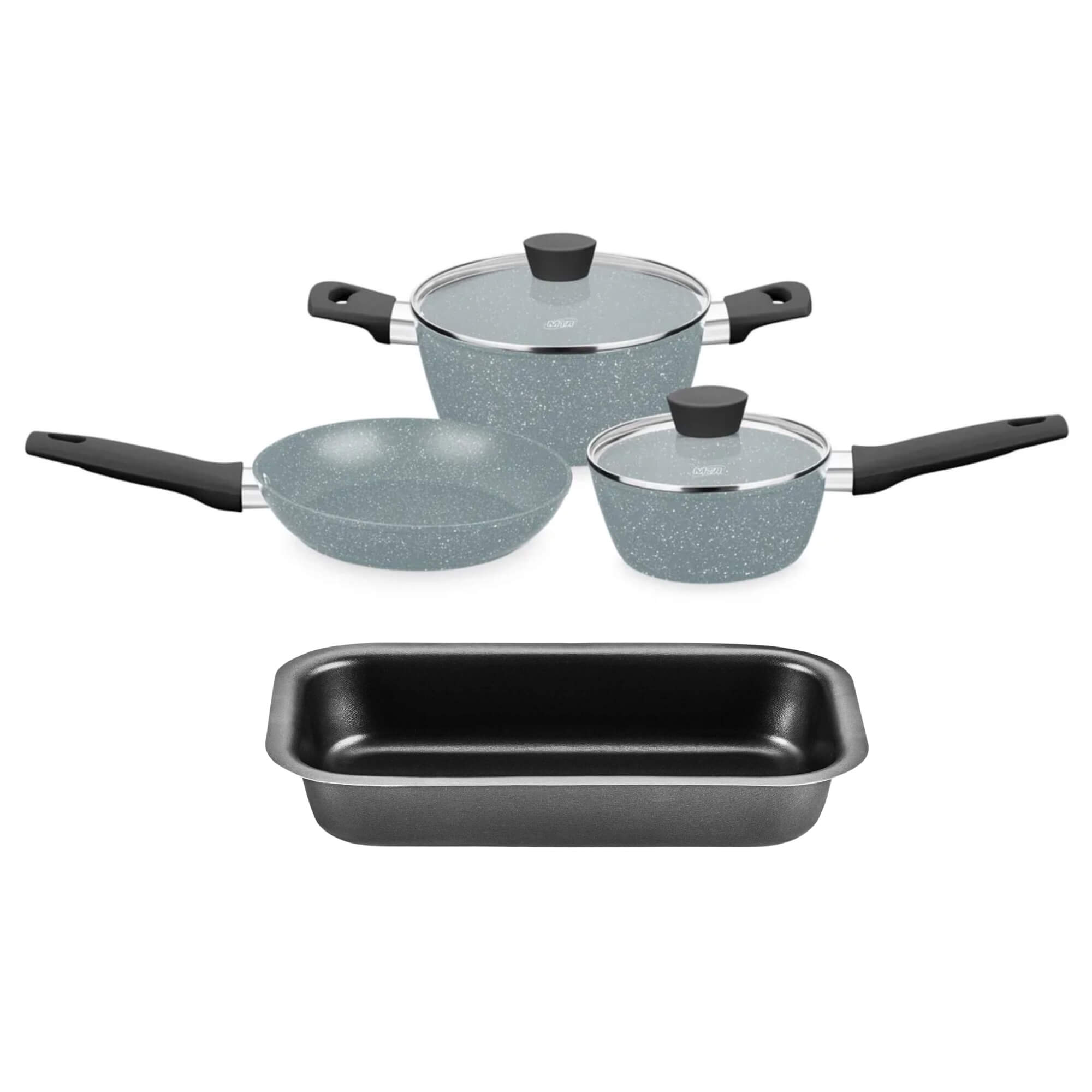 COMP Kit Jogo de Panelas 3 Peças Linha Carmela Ceramic Flon Cinza + Travessa Forma de Pão - MTA