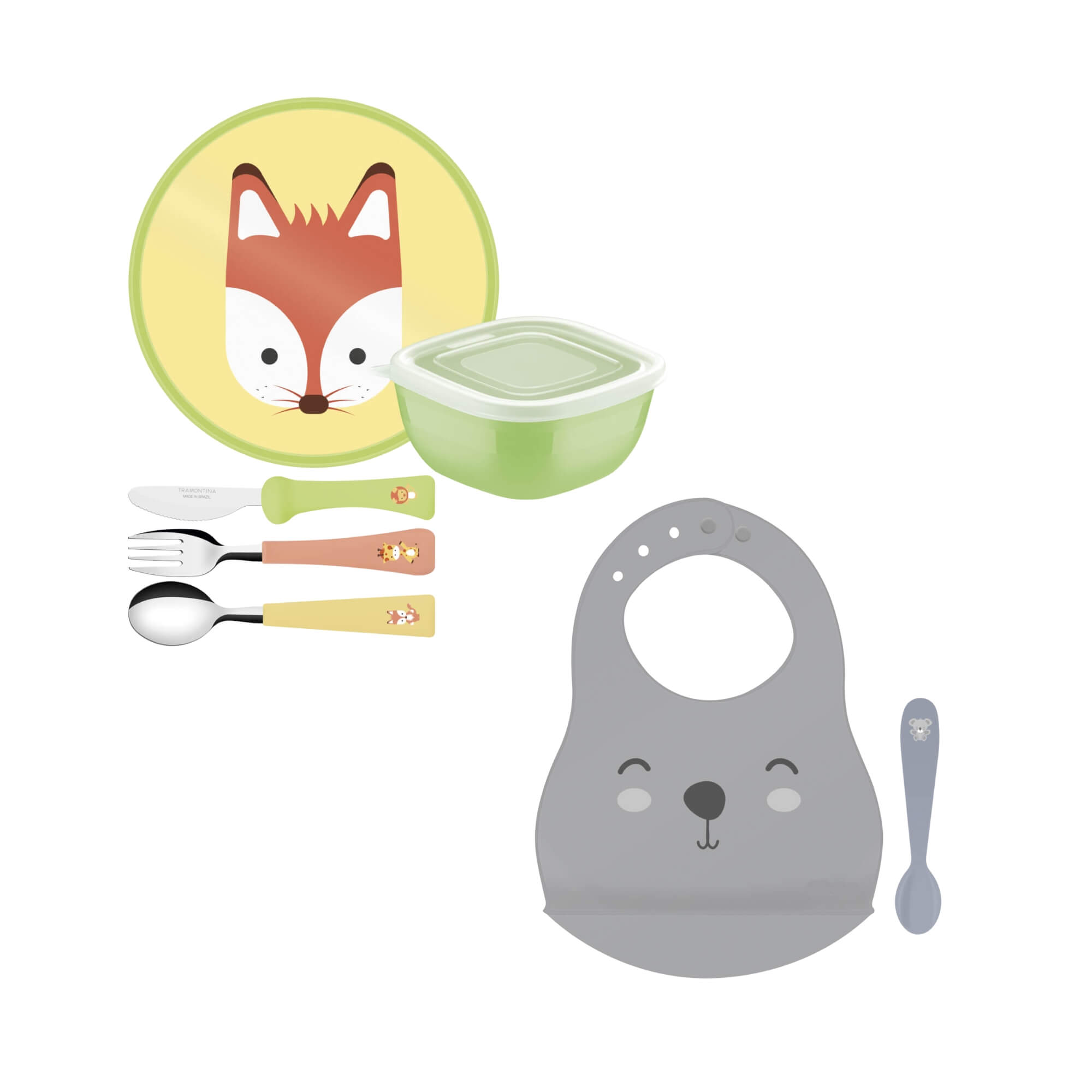 COMP Kit Refeição Infantil Tramontina Baby Friends 5pçs + Babador e Colher Le Petit