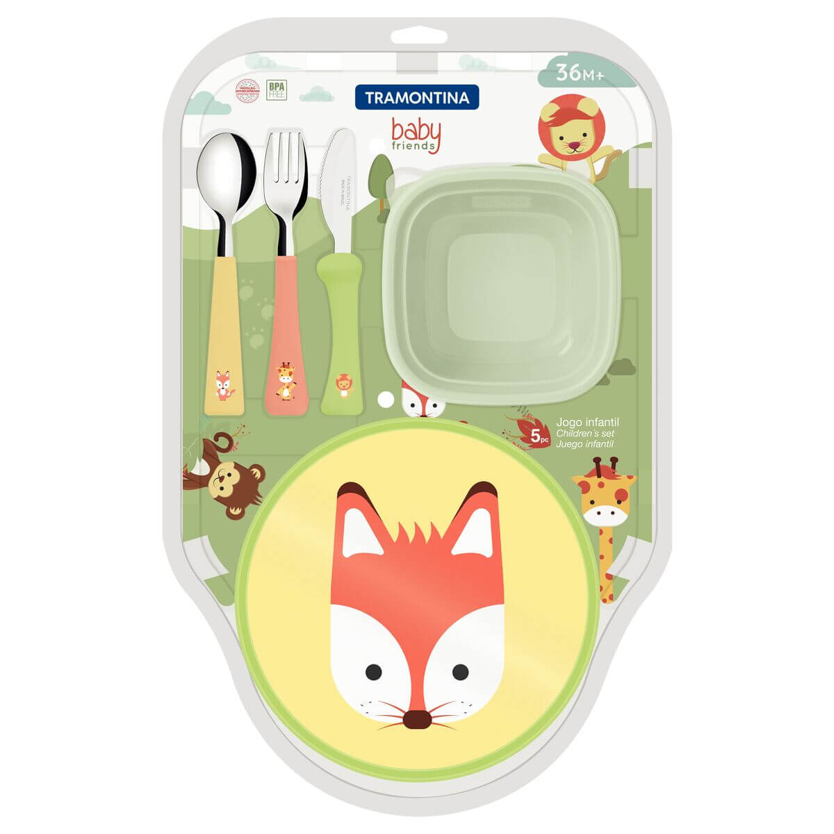 COMP Kit Refeição Infantil Tramontina Baby Friends 5pçs + Babador e Colher Le Petit