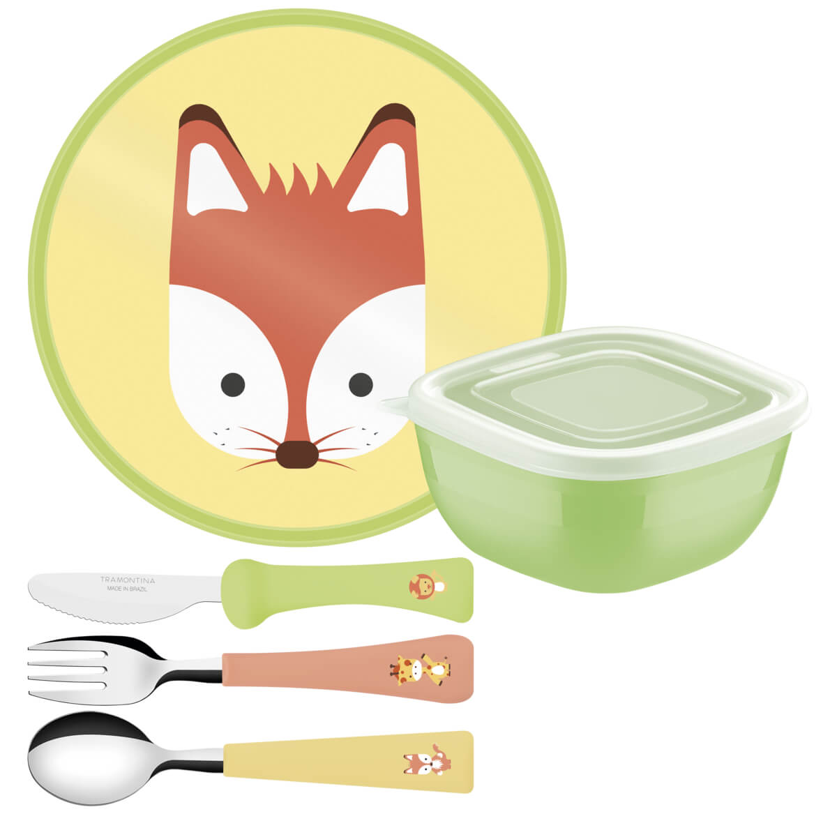 COMP Kit Refeição Infantil Tramontina Baby Friends 5pçs + Babador e Colher Le Petit