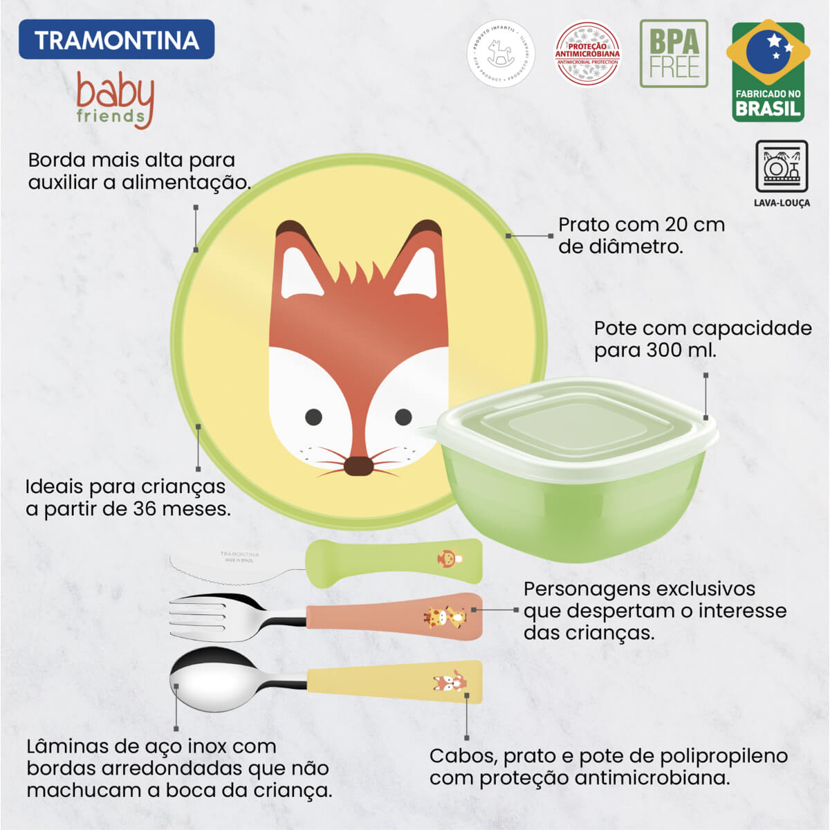 COMP Kit Refeição Infantil Tramontina Baby Friends 5pçs + Babador e Colher Le Petit