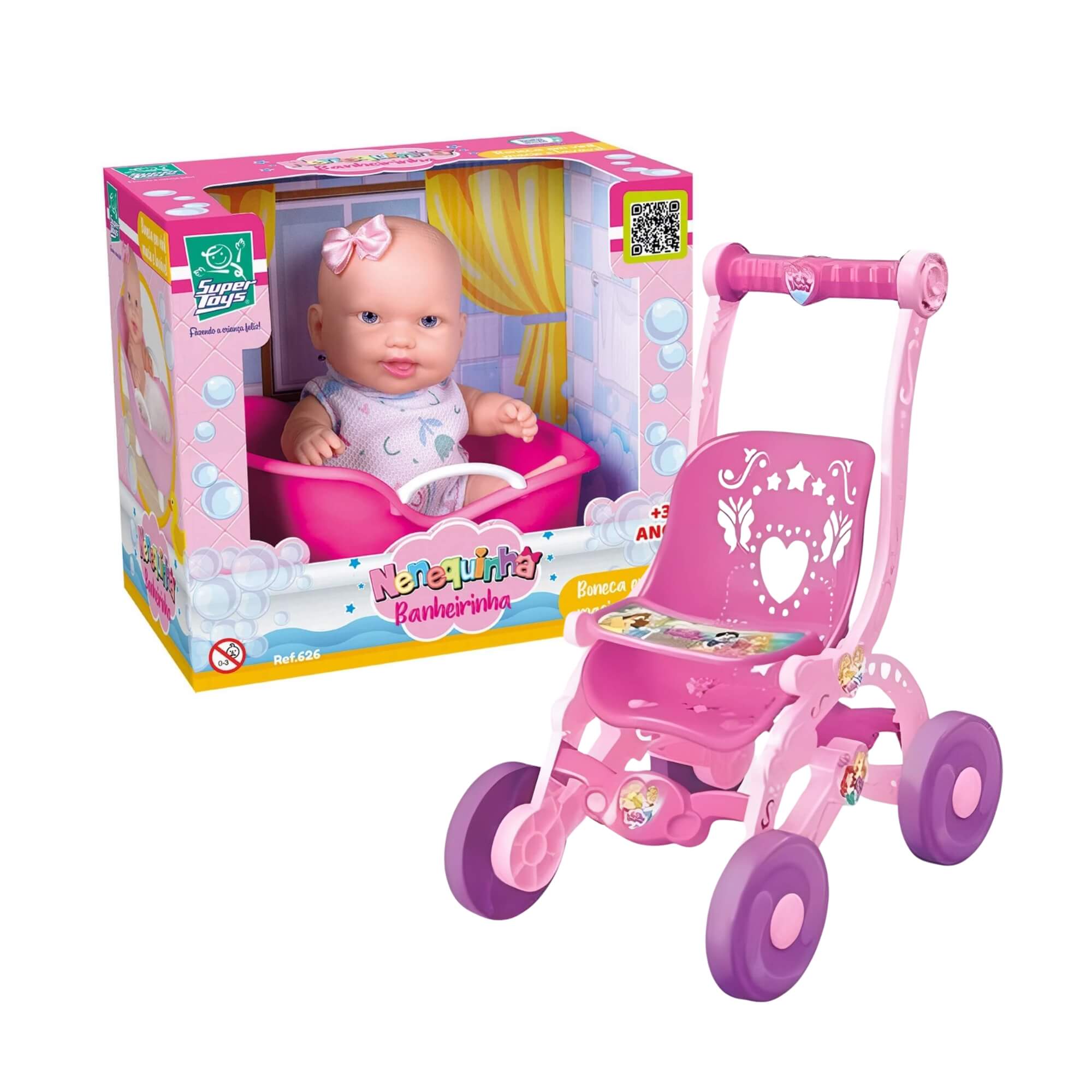 COMP Boneca Nenequinha com Banheira + Carrinho de Boneca Princesas Disney Faz de Conta