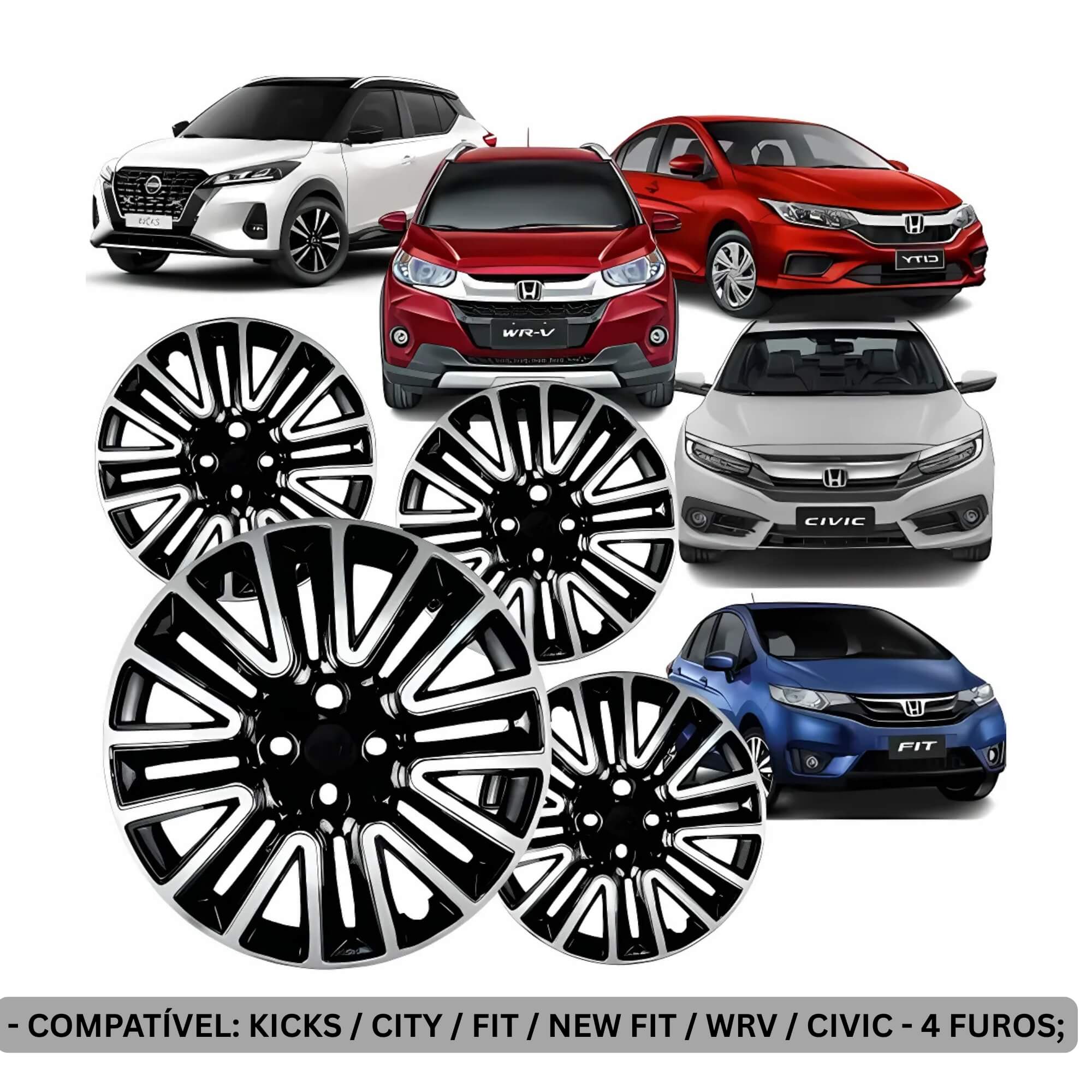 Calota Aro 16" Preto/Prata Kicks/City/Fit/WR-V/Civic Jogo c/4 Calotas Grid - 001CP-PBP-E