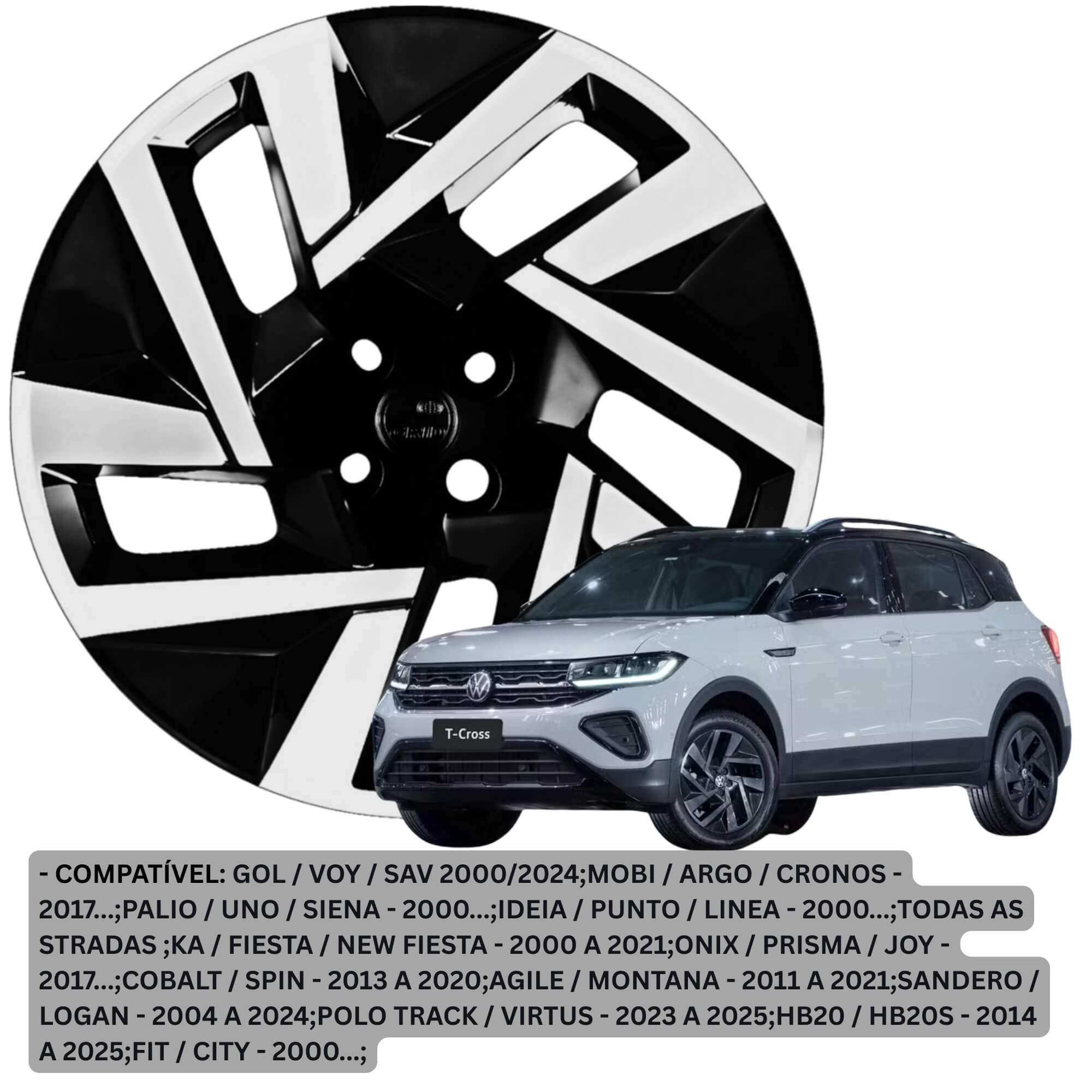 Calota Aro 15" Preto/Prata Modelo Sport T-Cross 2025 Jogo c/ 4 Calotas Grid - 150CP-PBP-E