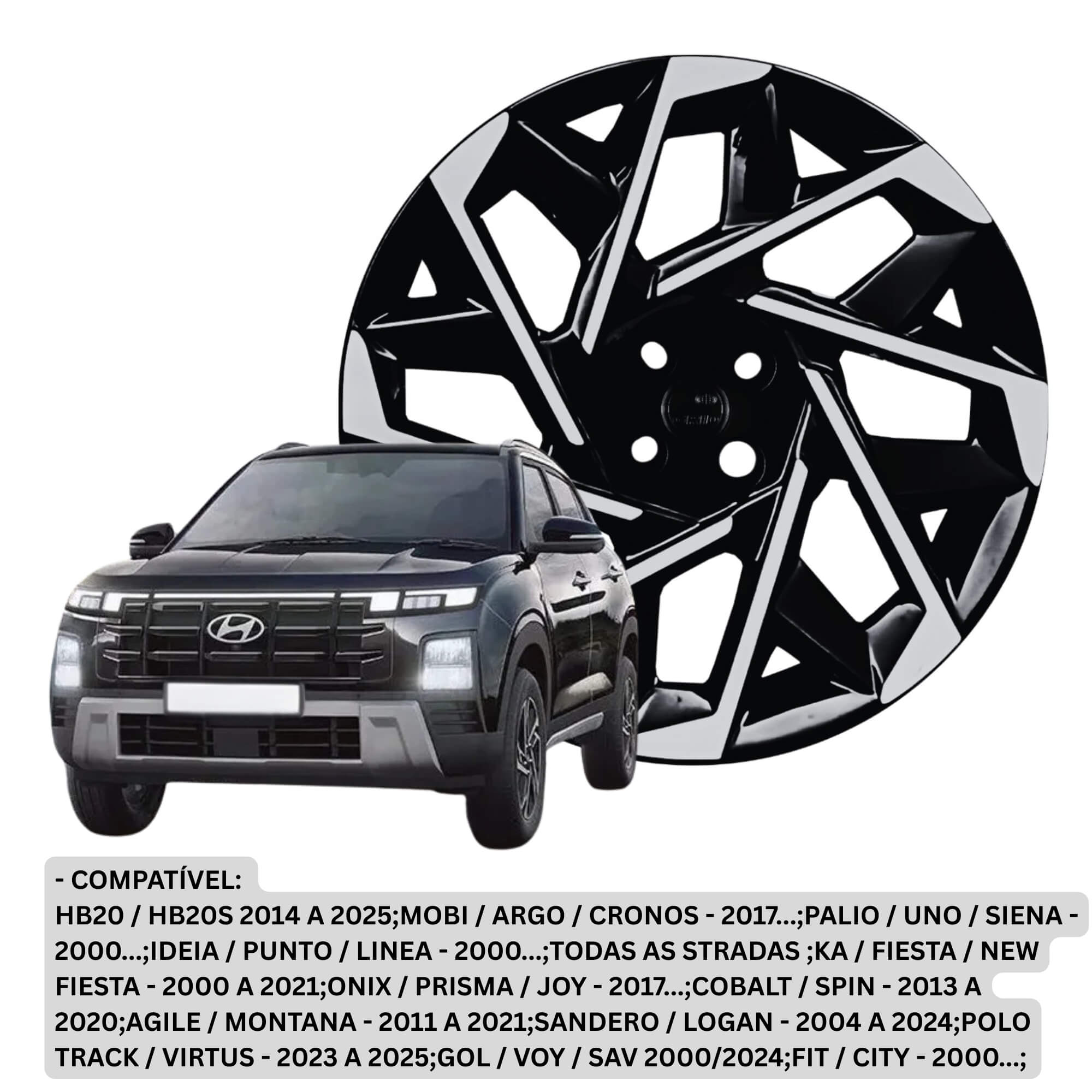 Calota Aro 15" Preto/Prata Modelo Sport Creta 2025 Jogo c/4 Calotas Grid - 205CP-PBP-E