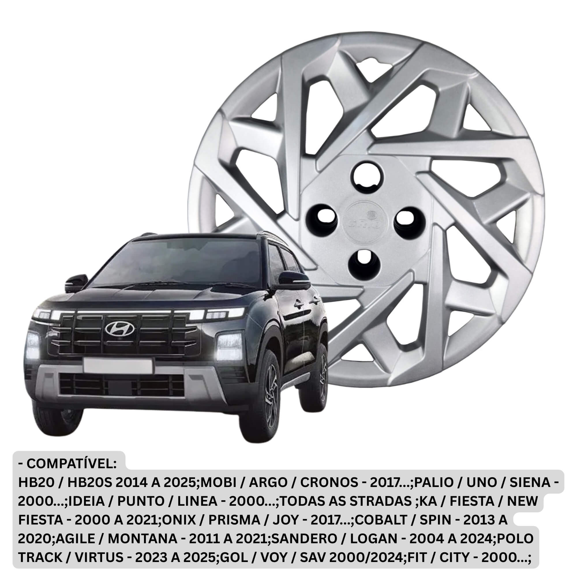 Calota Aro 15" Prata Modelo Sport Creta 2025 Jogo c/4 Calotas Grid - 205CP-PTA-E