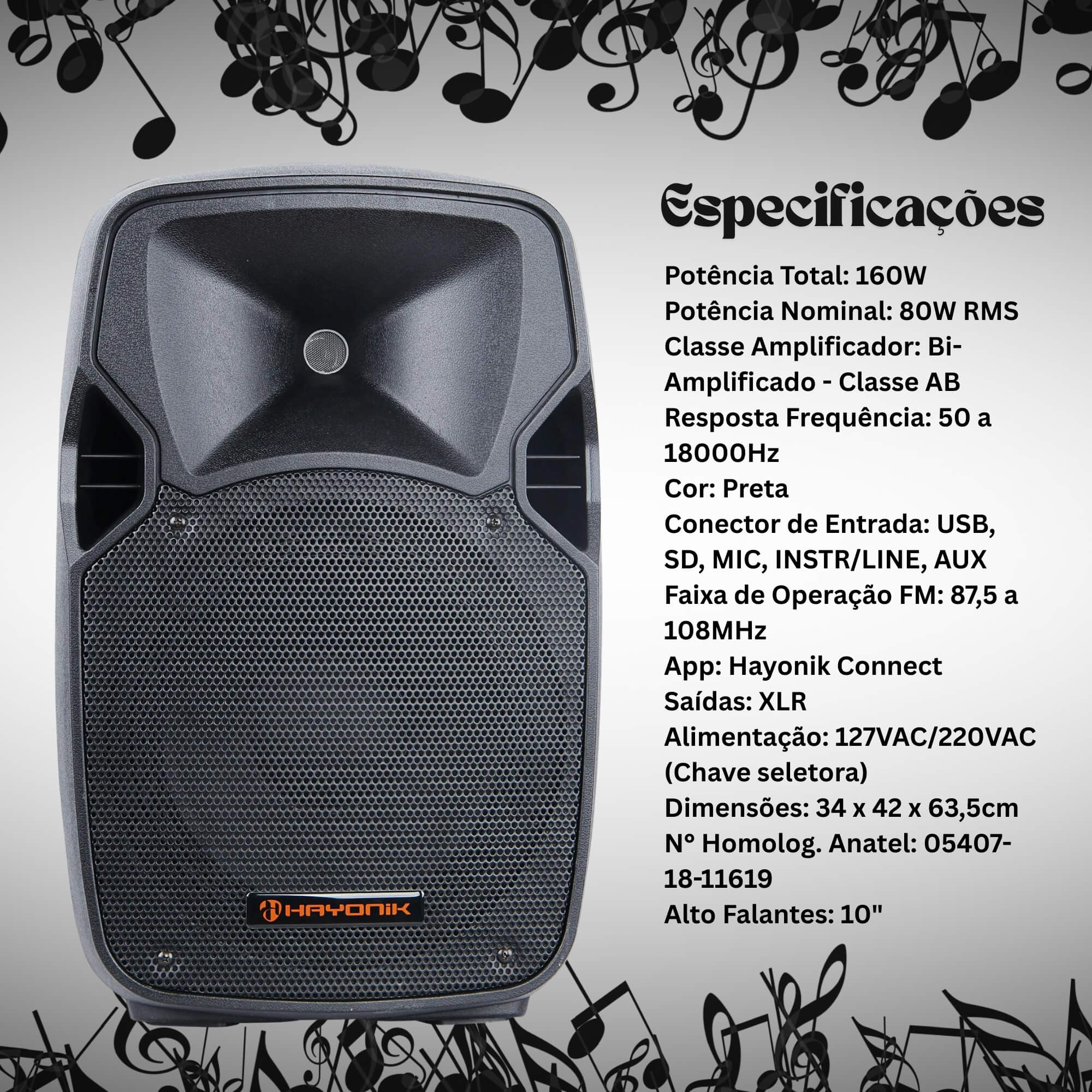 Caixa Acústica Ativa CPA-10200 160W Bluetooth Preta Hayonik - 0000068523