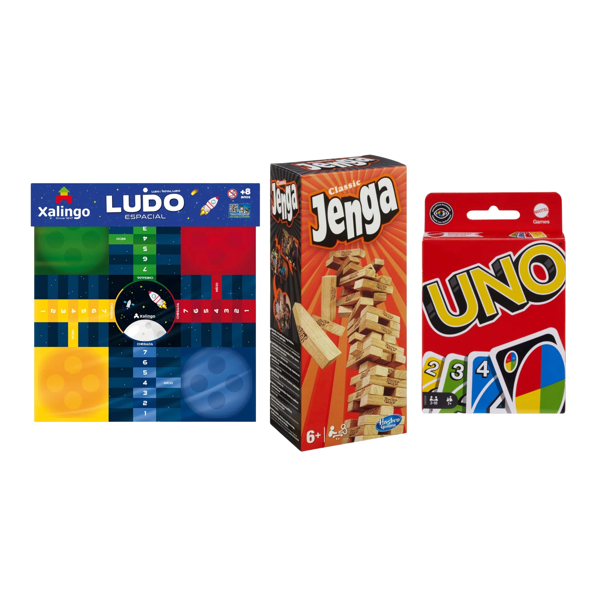 COMP Jogo Ludo Espacial Xalingo + Cartas UNO Mattel + Torre de Blocos Jenga Hasbro