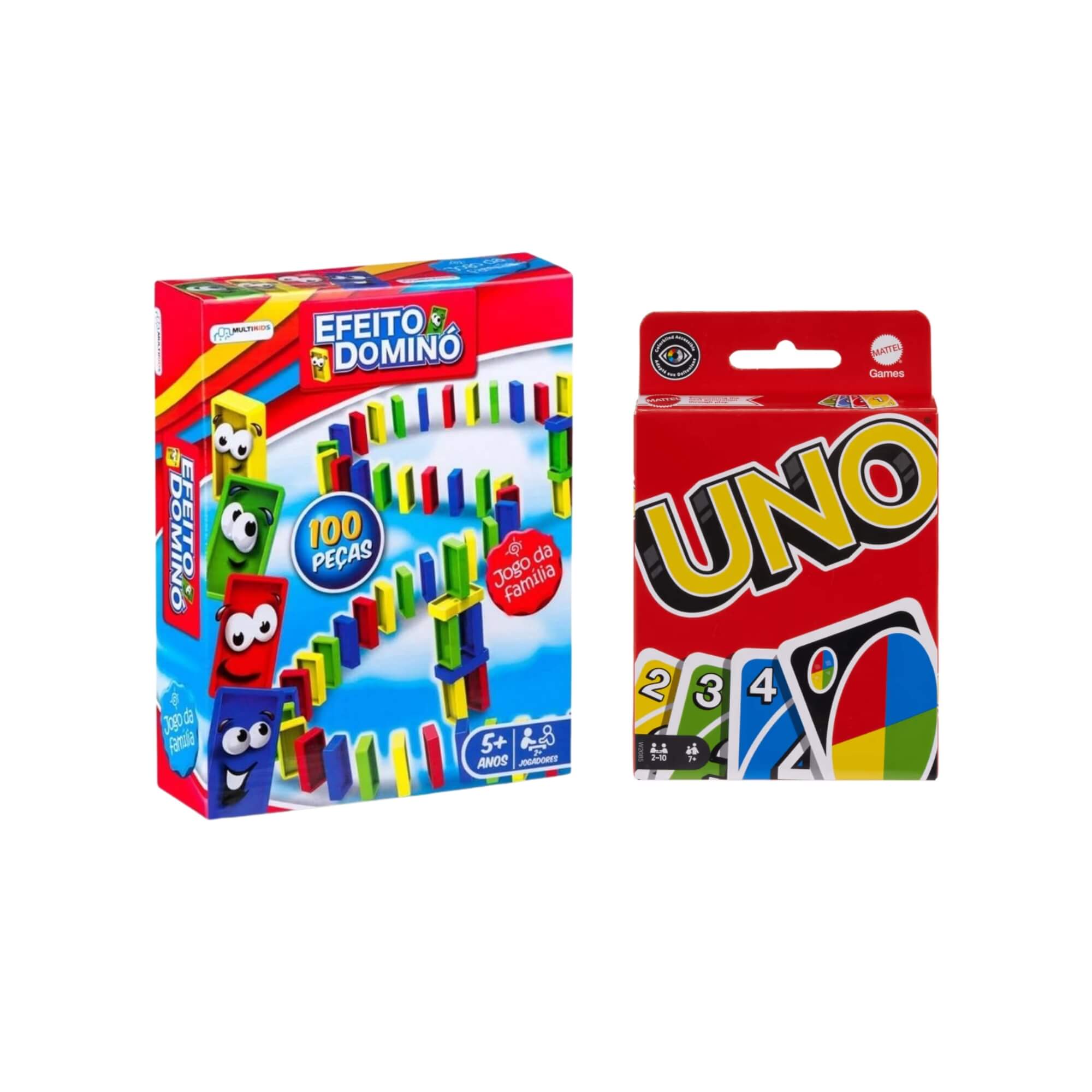COMP Kit Jogo Dominó Colorido 100 Peças Multikids + Cartas UNO Original Mattel