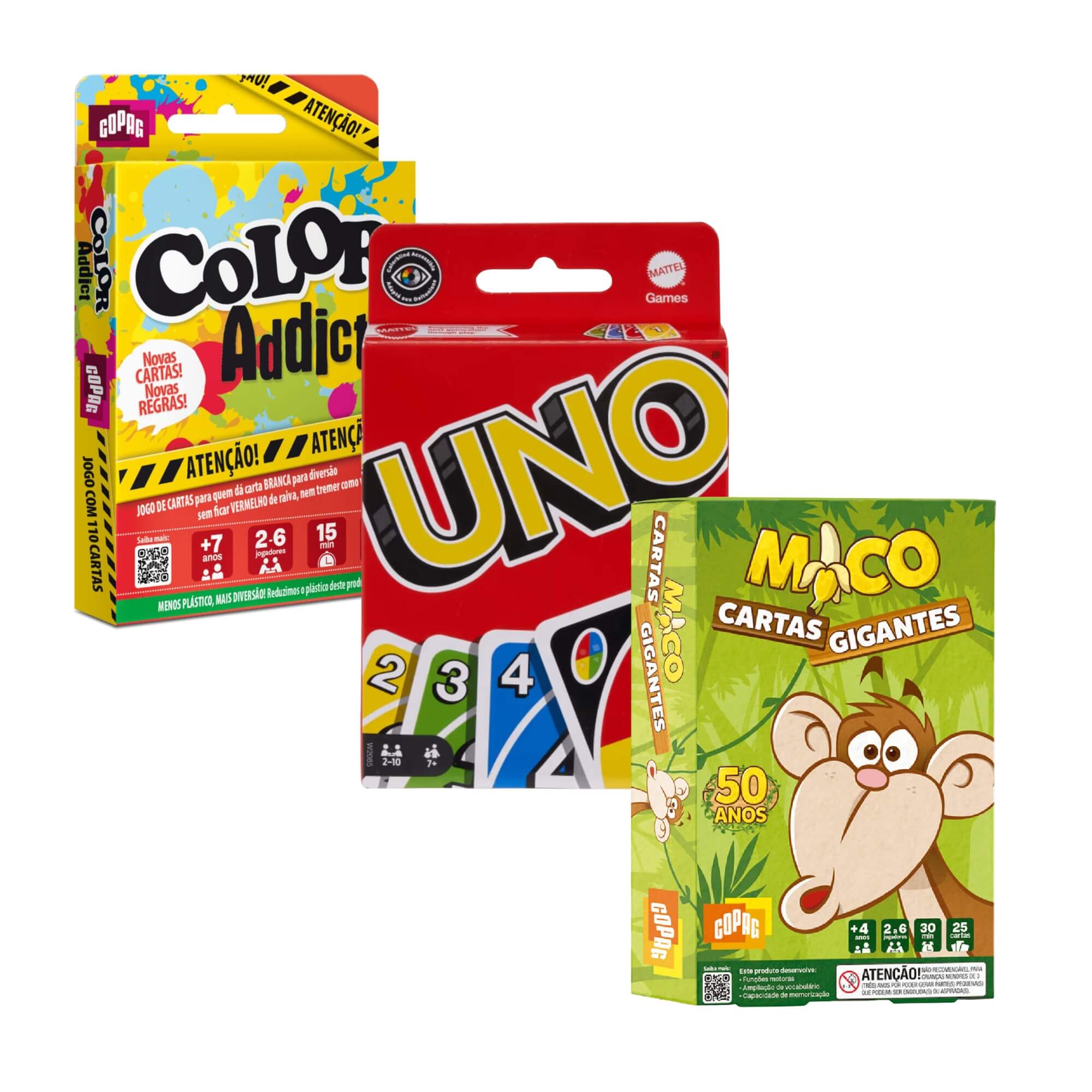 COMP Kit 3 Jogos de Cartas Família: UNO Mattel + Mico Cartas Gigantes Copag + Color Addict Copag