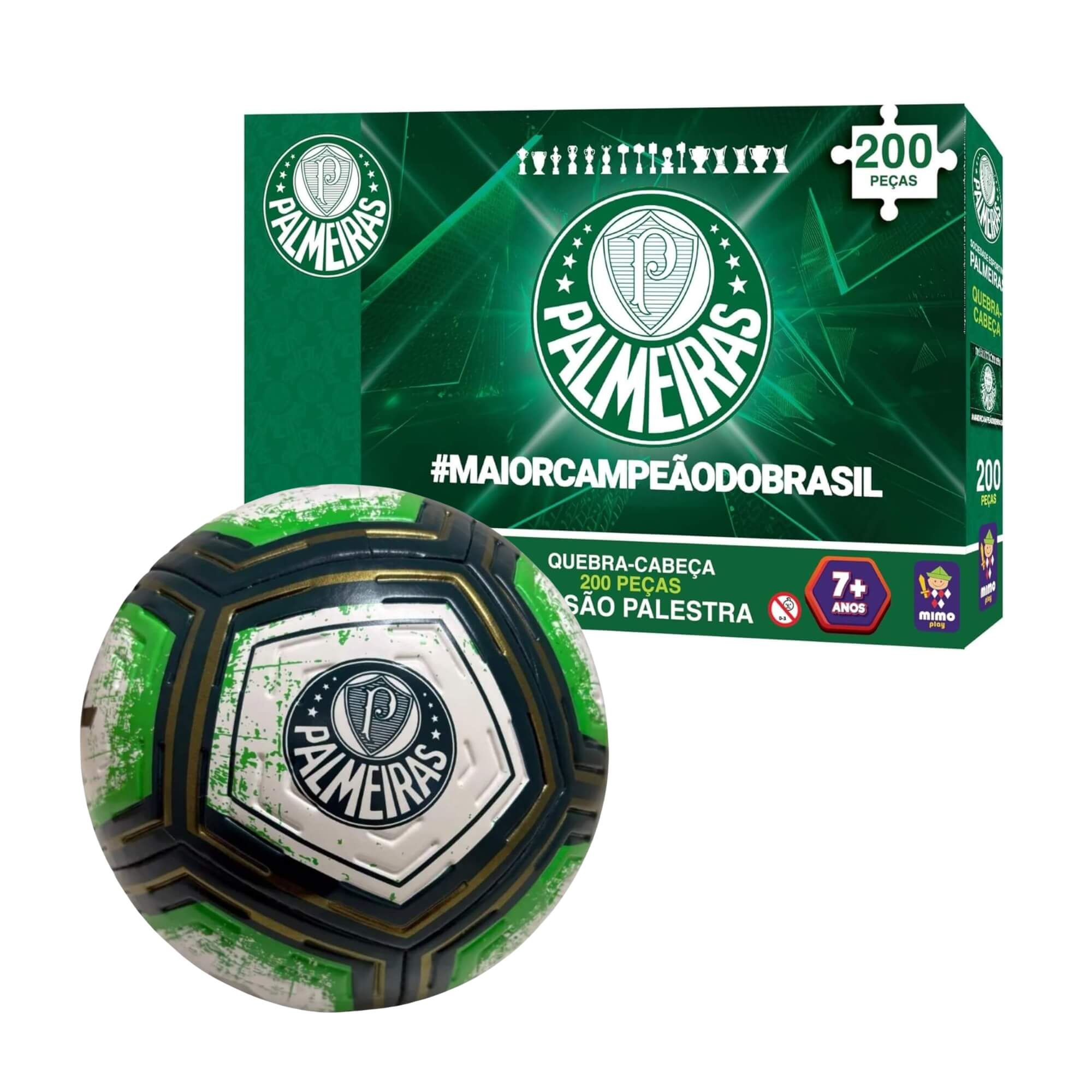 COMP Kit Quebra-Cabeça Palmeiras 200 Peças Mimo Toys + Bola Oficial Nº 5 Pro Gold Futebol e Magia