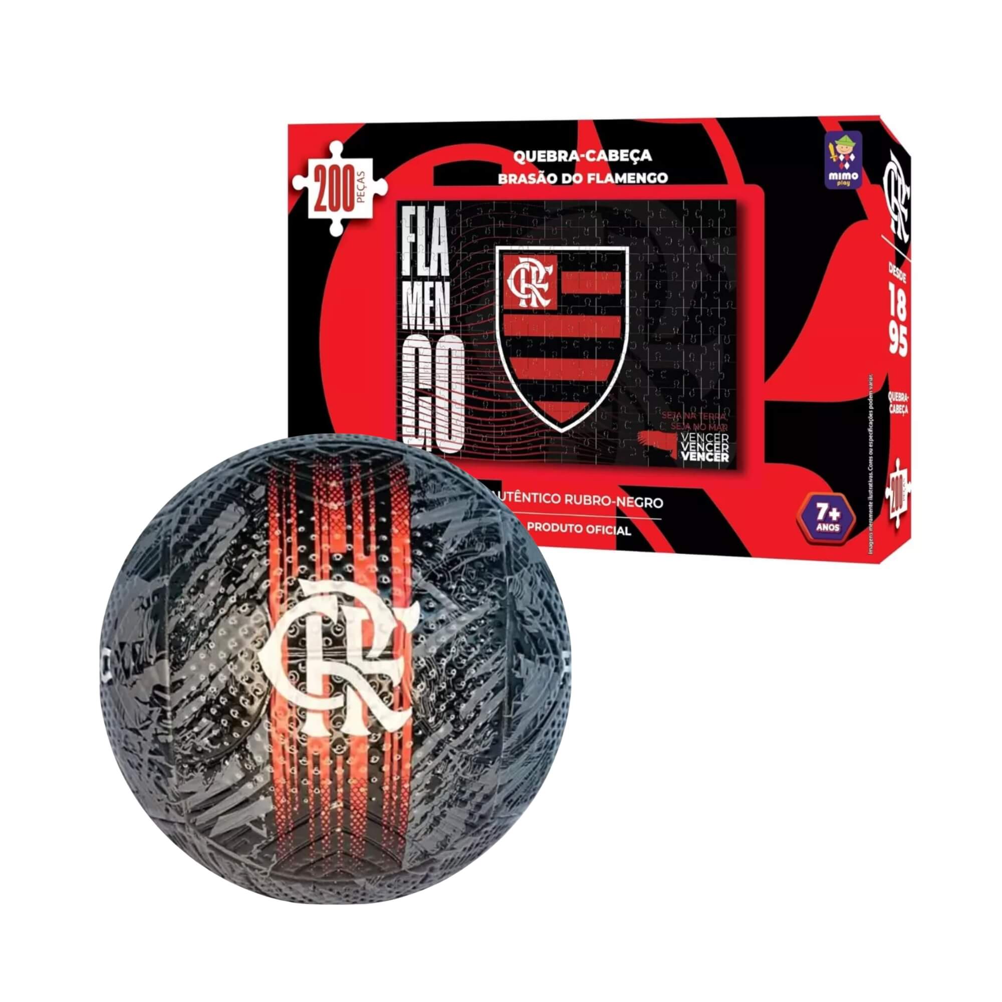 COMP Kit Quebra-Cabeça Flamengo 200 Peças Mimo Toys + Bola Oficial Nº 5 Dualt Futebol e Magia