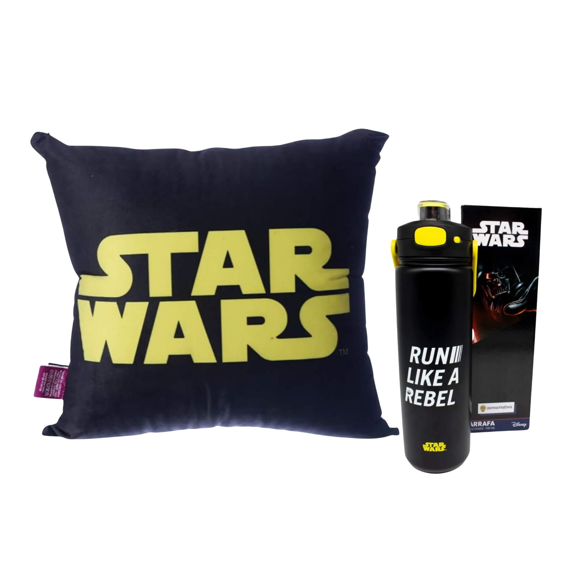 COMP Kit Star Wars Zona Criativa: Almofada Veludo 40x40 + Garrafa Excalibur Térmica 700ml